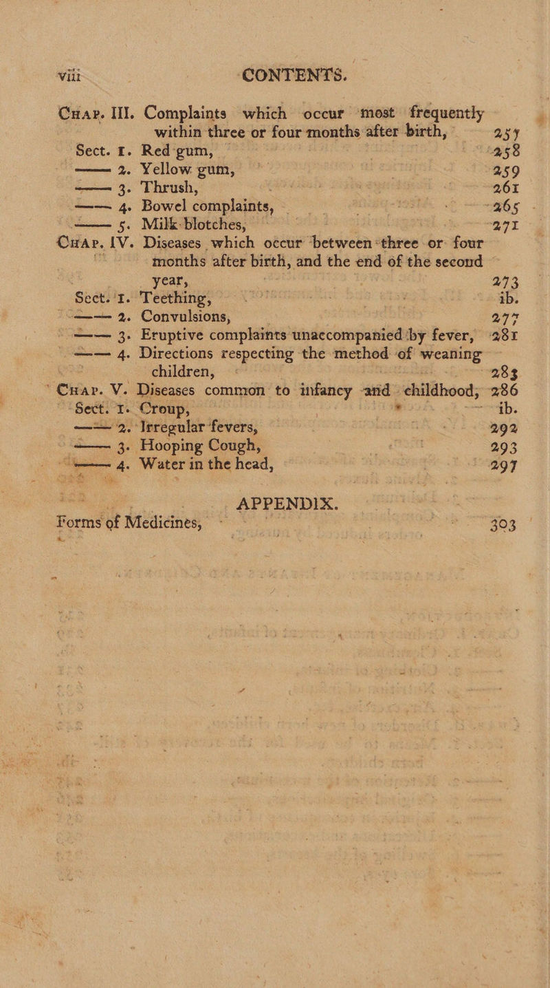 Cuap. III. Complaints which occur most frequently within three or four months after birth, = a5 Sect. £. Red-gum, ~ 258 — 2. Yellow gum, — . 259 ——— 3. Thrush, MED ae S61 —— 4. Bowel complaints, DE sap Bh G65 - ; 5. Milk blotches, = 271  Cuap. {V. Diseases which occur ‘between «three or four i months after specie and the end of the second © year, sage: 273 Sect. I. Teething, ae ere cane : ib. -———= 2. Convulsions, 27 —-— 3. Eruptive complaints unaccompanied ‘by fever, 231 _-—— 4. Directions respecting the method ‘of —— children, 283 'Cuar. V. Diseases common to infancy ane: childhood 286 Sect. I. Croup, . ib. —— 2. Irregular fevers, 292 ——— 3. Hooping Cough, (Putt 293 — 4. Water in the head, 297 APPENDIX. Forms of Medicines, - pod oe Sie 303
