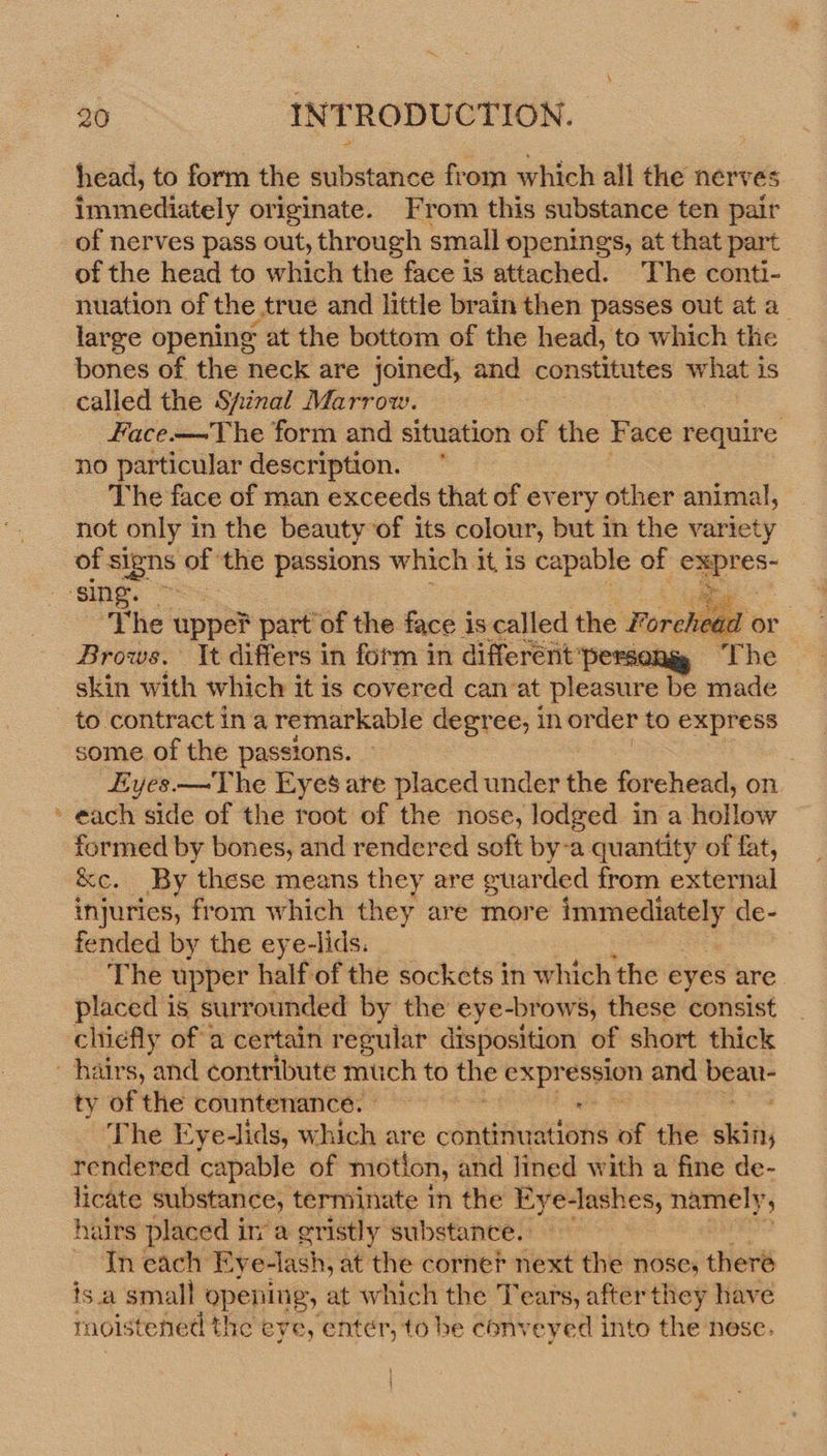 head, to form the substance from which all the nerves immediately originate. From this substance ten pair of nerves pass out, through small openings, at that part of the head to which the face is attached. The conti- nuation of the true and little brain then passes out at a_ large opening at the bottom of the head, to which the bones of the neck are joined, and constitutes what 1 1S called the Spinal Marrow. 7 Face.—The form and situation of the Face require no particular description. The face of man exceeds that of every other animal, not only in the beauty of its colour, but in the variety of ere of a passions which it is capable of ars ‘sing. 3 The uppeF part’of the face is called the Forehead or Brows. It differs in form in different’ ‘persong, ‘The skin with which it is covered can ‘at pleasure be made to contract in a remarkable degree, in order to express some of the passions. | Eyes —The Eyes ate placed under the forehead, on ~ each side of the root of the nose, lodged in a hollow formed by bones, and rendered soft by-a quantity of fat, &amp;c. By these means they are guarded from external injuries, from which they are more immediately de- fended by the eye-lids. | The upper half of the sockets i in which the eyes are placed is surrounded by the eye-brows, these consist chiefly of a certain regular disposition of short thick hairs, and contribute much to me rb ession and ge ty of the countenance. The Eye-lids, which are continuations of the dae; rendered capable of motion, and lined with a fine de- licate substance, terminate in the Kye-lashes, namely p hairs placed ina gristly substance. _ In each Eye-lash, at the corner next the nose, theré isa small opening, at which the Tears, after they have moistened the eye, enter, to be conveyed into the nese. |