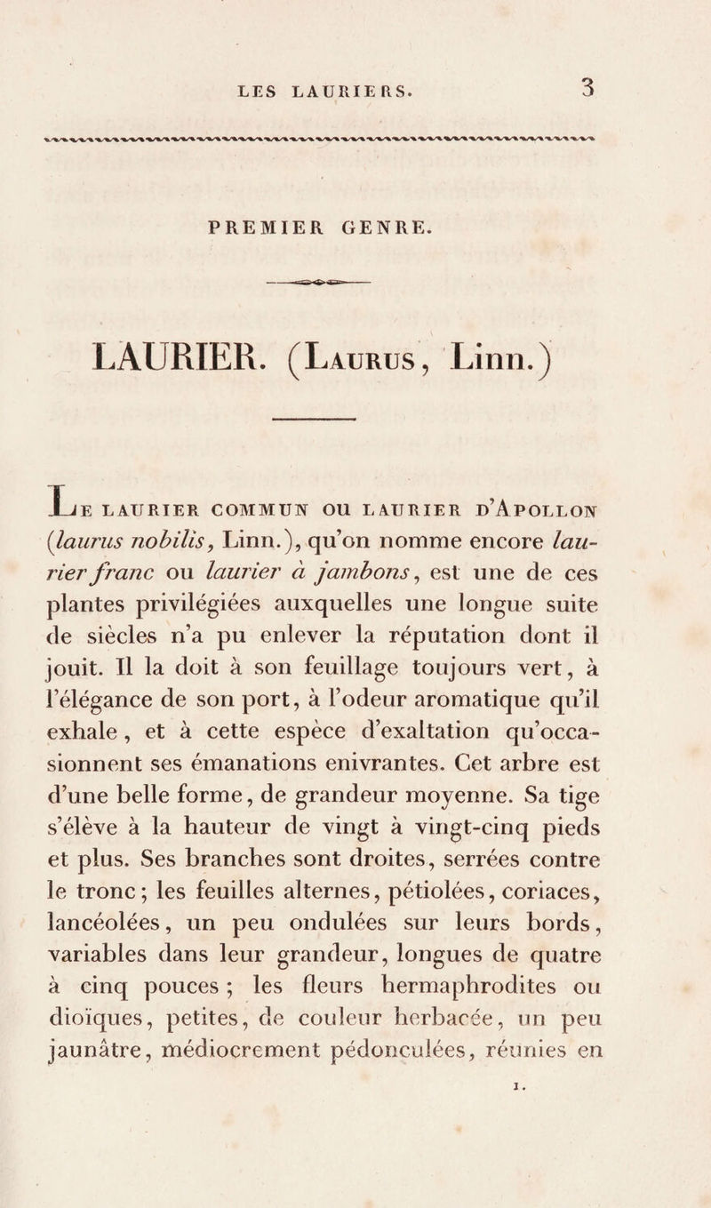 PREMIER GENRE. LAURIER. (Laurus, Linn.) Le laurier cojimun ou laurier d’Apollon {laurus nohilîs, Linn.), qu’on nomme encore lau¬ rier franc ou laurier à jambons ^ est une de ces plantes privilégiées auxquelles une longue suite de siècles n’a pu enlever la réputation dont il jouit. Il la doit à son feuillage toujours vert, à l’élégance de son port, à l’odeur aromatique qu’il exhale, et à cette espèce d’exaltation qu’occa¬ sionnent ses émanations enivrantes. Cet arbre est d’une belle forme, de grandeur moyenne. Sa tige s’élève à la hauteur de vingt à vingt-cinq pieds et plus. Ses branches sont droites, serrées contre le tronc; les feuilles alternes, pétiolées, coriaces, lancéolées, un peu ondulées sur leurs bords, variables dans leur grandeur, longues de quatre à cinq pouces ; les fleurs hermaphrodites ou dioïques, petites, de couleur herbacée, un peu jaunâtre, médiocrement pédonculées, réunies en J.