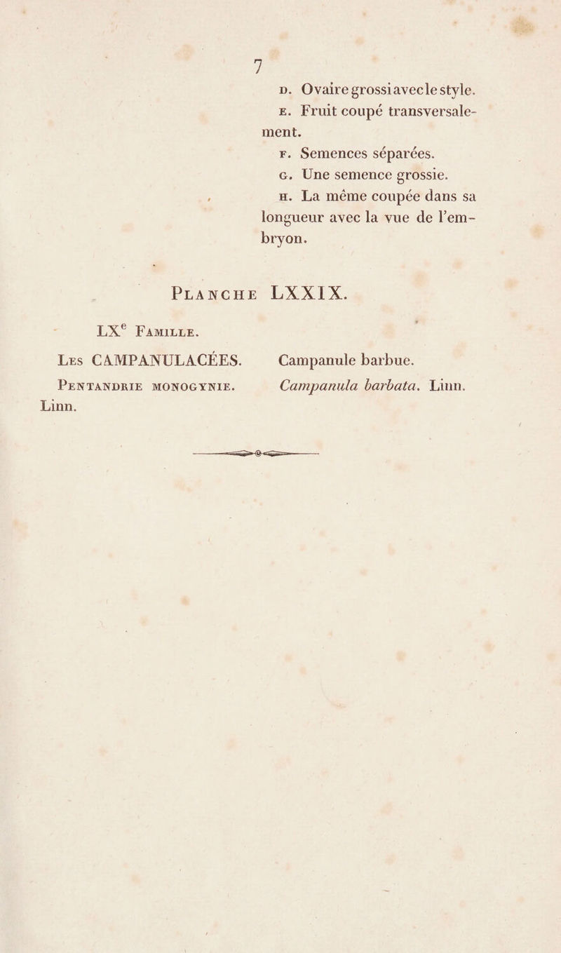 7 D. OvairegrossiavecleStyle. E. Fruit coupé transversale¬ ment. F. Semences séparées. G. Une semence grossie. H. La meme coupée dans sa longueur avec la vue de l’em¬ bryon. Planche LXXIX. LX^ Famille. Les CAMPANULACÉES. Campanule barbue. Pentandrie monogynie. Campamila harbata, Linn. Linn.
