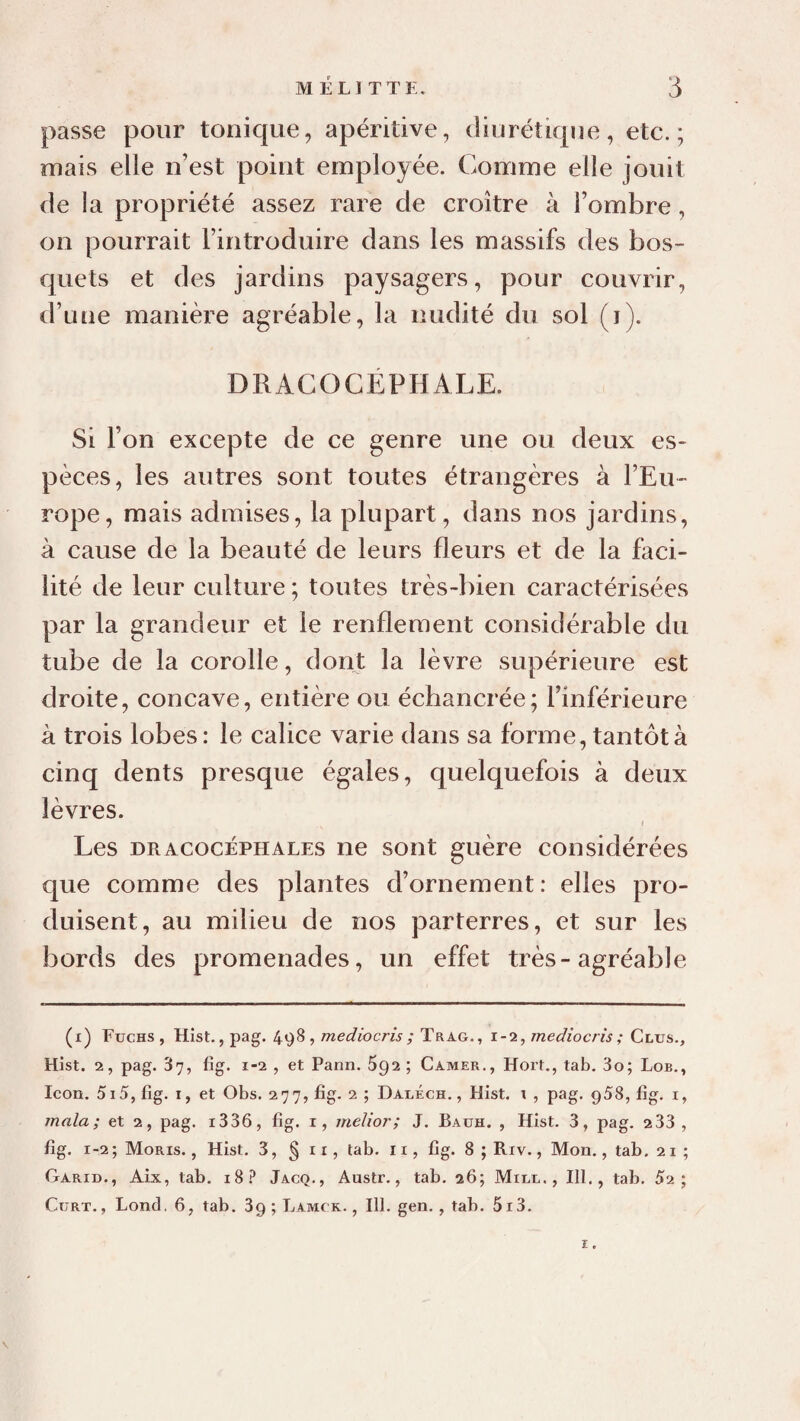 M ELI T TE, 3 passe pour tonique, apéritive, diurétique, etc.; mais elle n’est point employée. Comme elle jouit de la propriété assez rare de croître à l’ombre, on pourrait l’introduire dans les massifs des bos¬ quets et des jardins paysagers, pour couvrir, d’une manière agréable, la nudité du sol (i). DRAGOCÉPHALE. Si l’on excepte de ce genre une ou deux es¬ pèces, les autres sont toutes étrangères à l’Eu¬ rope, mais admises, la plupart, dans nos jardins, à cause de la beauté de leurs fleurs et de la faci¬ lité de leur culture ; toutes très-bien caractérisées par la grandeur et le renflement considérable du tube de la corolle, dont la lèvre supérieure est droite, concave, entière ou écbancrée; l’inférieure à trois lobes: le calice varie dans sa forme, tantôt à cinq dents presque égales, quelquefois à deux lèvres. I Les DRACOCÉPHALES ne sont guère considérées que comme des plantes d’ornement : elles pro¬ duisent, au milieu de nos parterres, et sur les bords des promenades, un effet très-agréable (i) Füchs , Hist.,pag. , mediocris ; Trag., 1-2, mec/iocris ; Clus., Hist. 2, pag. 3y, fig. 1-2 , et Pann. 692 ; Camer., Hort., tab, 3o; Lob., Icon. 5i5, fîg. I, et Obs. 277, fig. 2 ; Daléch. , Hist. i , pag. gSS, fig. i, mala; et 2, pag. i336, fig. i, melior; J. Bauh. , Hist. 3, pag. 233 , fig. 1-2 ; Moris. , Hist. 3, § 11, tab. 11, fig. 8 ; Riv., Mon., tab, 21 ; Garid., Aix, tab. 18.^ Jacq., Austr., tab. 26; Mile., III., tab. 52;