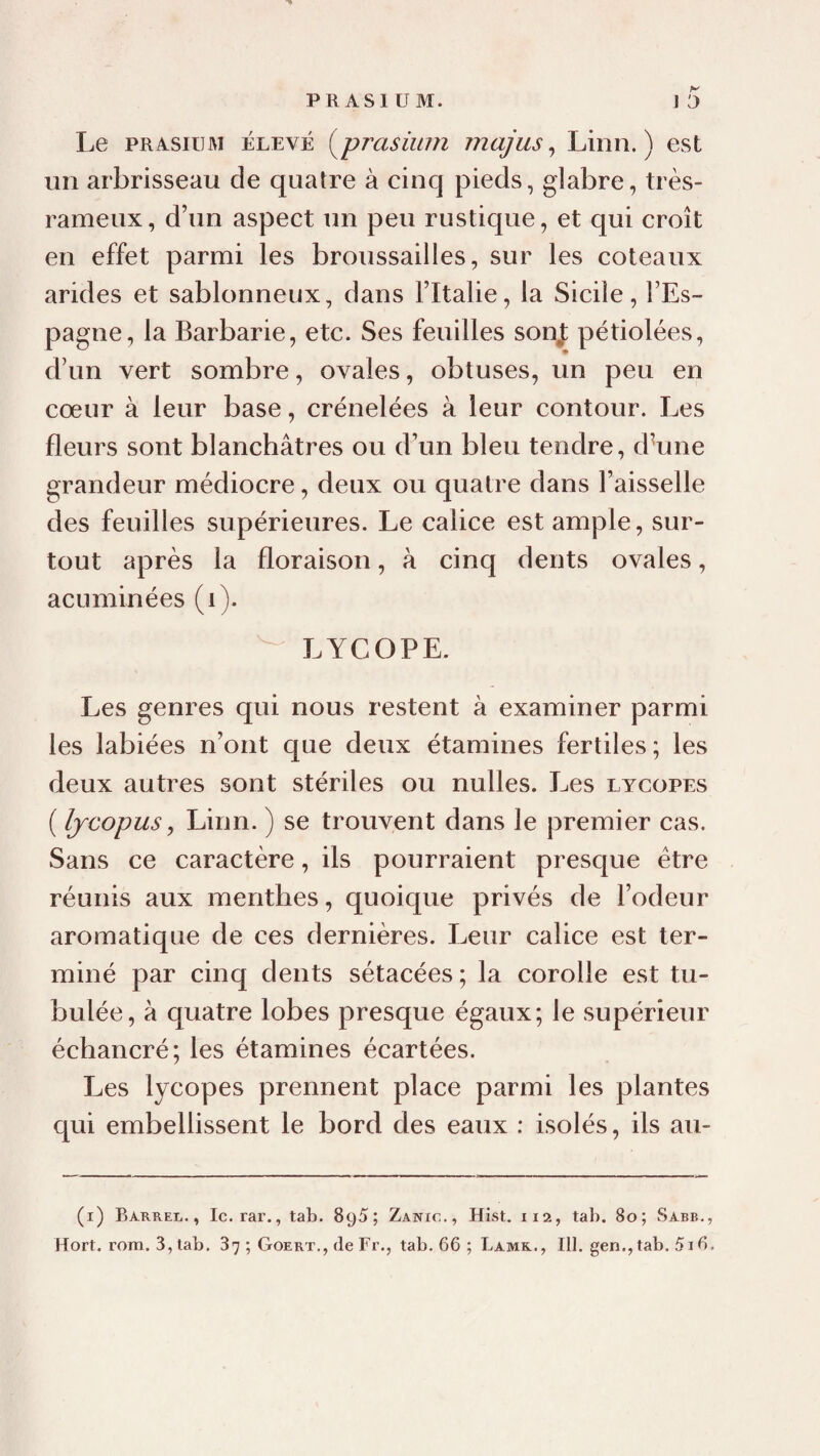 PR ASl U M. J D Le PRASiuM ÉLEVÉ (^prasüim majus ^ Linn. ) est un arbrisseau de quatre à cinq pieds, glabre, très- rameux, d’un aspect un peu rustique, et qui croît en effet parmi les broussailles, sur les coteaux arides et sablonneux, dans l’Italie, la Sicile, l’Es¬ pagne, la Barbarie, etc. Ses feuilles son^ pétiolées, d’un vert sombre, ovales, obtuses, un peu en cœur à leur base, crénelées à leur contour. Les fleurs sont blanchâtres ou d’un bleu tendre, d’une grandeur médiocre, deux ou quatre dans Faisselle des feuilles supérieures. Le calice est ample, sur¬ tout après la floraison, à cinq dents ovales, acLiminées (i). LYCOPE. Les genres qui nous restent à examiner parmi les labiées n’ont que deux étamines fertiles; les deux autres sont stériles ou nulles. Les lycopes ( Ijcopus ^ Linn. ) se trouvent dans le premier cas. Sans ce caractère, ils pourraient presque être réunis aux menthes, quoique privés de l’odeur aromatique de ces dernières. Leur calice est ter¬ miné par cinq dents sétacées; la corolle est tu- bulée, à quatre lobes presque égaux; le supérieur échancré; les étamines écartées. Les lycopes prennent place parmi les plantes qui embellissent le bord des eaux : isolés, ils au- (i) Barrel. , le. rar., tab. 8^5; Zawic., Hist. 112, tab. 80; Sabb.,