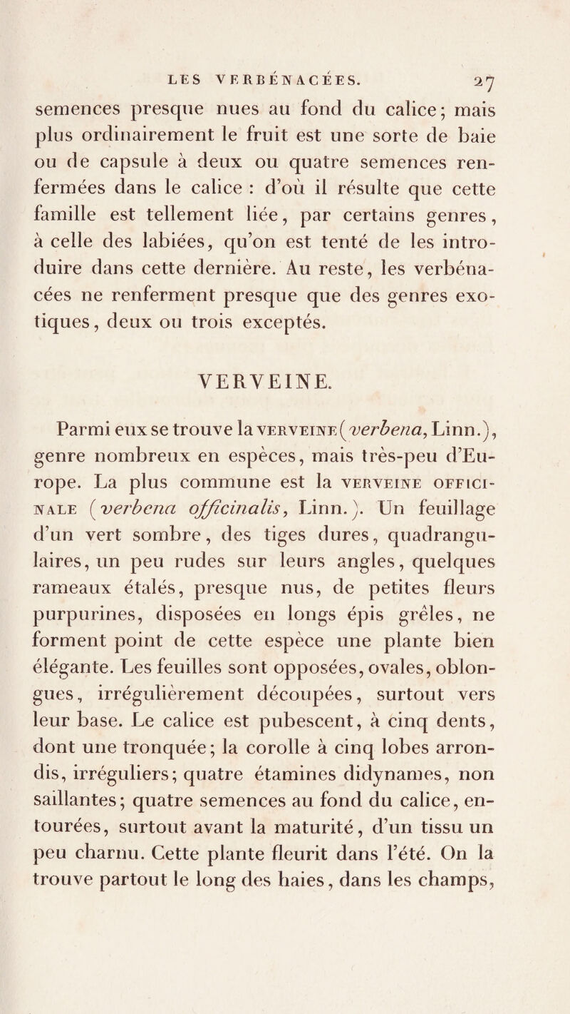 LES VERBÉNACEES. semences presque nues au fond du calice; mais plus ordinairement le fruit est une sorte de baie ou de capsule à deux ou quatre semences ren¬ fermées dans le calice : d’où il résulte que cette famille est tellement liée, par certains genres, à celle des labiées, qu’on est tenté de les intro¬ duire dans cette dernière. Au reste, les verbéna- cées ne renferment presque que des genres exo¬ tiques , deux ou trois exceptés. VERVEINE. Parmi eux se trouve la yerveixe ( verhena, Linn.), genre nombreux en espèces, mais très-peu d’Eu¬ rope. La plus commune est la verveine offici¬ nale {^'verbcna ofjïcinalis^ Linn.). Un feuillage d’un vert sombre, des tiges dures, quadrangu- laires, un peu rudes sur leurs angles, quelques rameaux étalés, presque nus, de petites fleurs purpurines, disposées en longs épis grêles, ne forment point de cette espèce une plante bien élégante. Les feuilles sont opposées, ovales, oblon- gues, irrégulièrement découpées, surtout vers leur base. Le calice est pubescent, à cinq dents, dont une tronquée ; la corolle à cinq lobes arron¬ dis, irréguliers; quatre étamines didynames, non saillantes; quatre semences au fond du calice, en¬ tourées, surtout avant la maturité, d’un tissu un peu charnu. Cette plante fleurit dans l’été. On la trouve partout le long des haies, dans les champs,