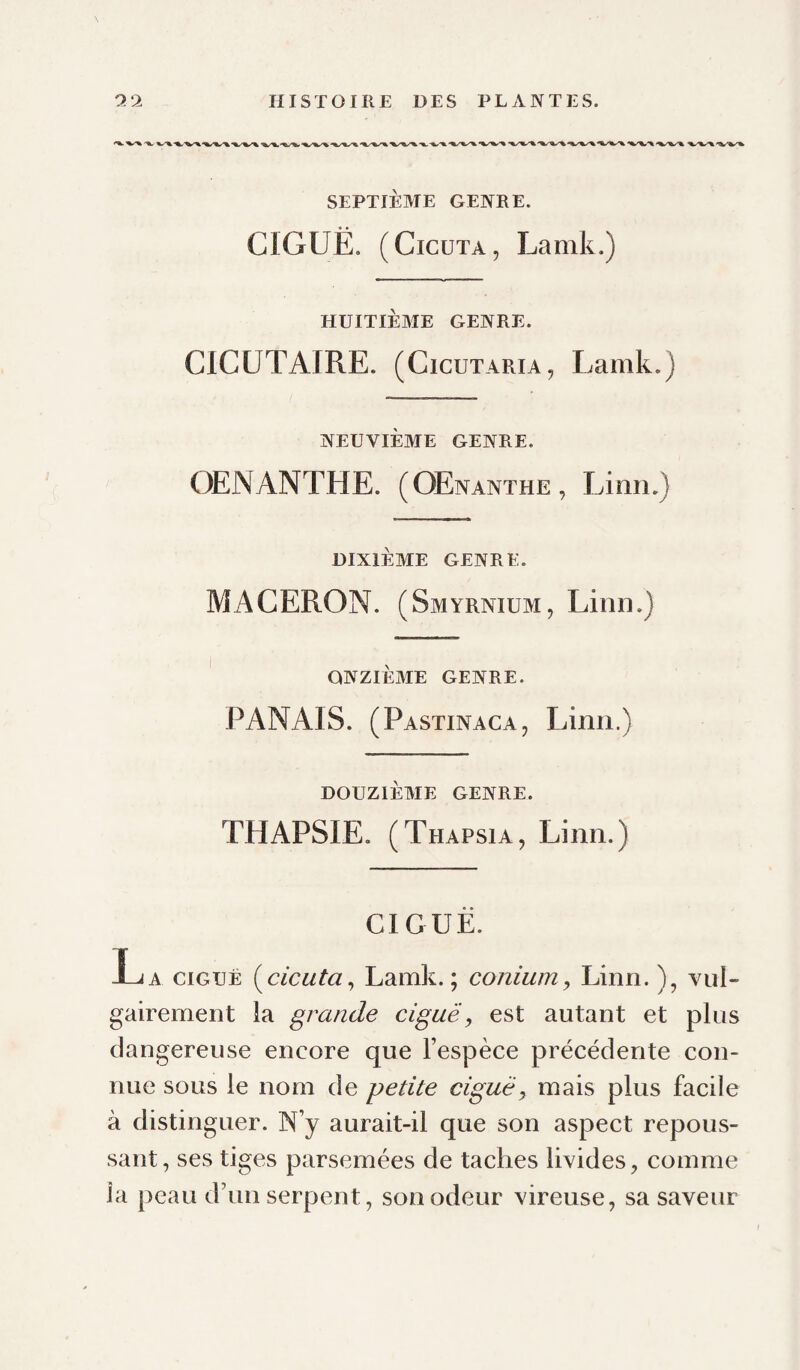 SEPTIÈME GENRE. CIGUË. (CicuTA, Lamk.) HUITIÈME GENRE. CICUTAIRE. (CicuTARiA, Lamk.) NEUVIÈME GENRE. OENANTHE. (OEnanthe, Linn.) DIXIÈME GENRE. MACERON. (Smyrnium, Liiin.) ONZIÈME GENRE. PANAIS. (Pastinaca, Linn.) DOUZIÈME GENRE. THAPSIE. (Thapsia, Linn.) CIGUË. La CIGUË (^cicuta^ Lamk.; conium, Linn. ), vul¬ gairement la grande ciguë, est autant et plus dangereuse encore que Fespèce précédente con¬ nue sous le nom de petite ciguë^ mais plus facile à distinguer. N’y aurait-il que son aspect repous¬ sant , ses tiges parsemées de taches livides, comme la peau d’un serpent, son odeur vireuse, sa saveur