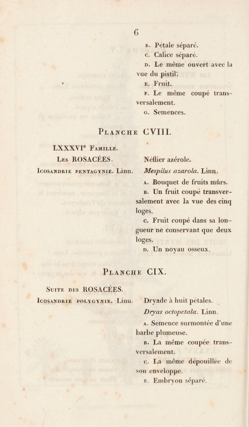 G B. Pétale séparé. c. Calice séparé. D. Le même ouvert avec la vue du pistir. * E. Fruit. F. Le meme coupé trans¬ versalement. G. Semences. Planche CYIII. LXXXVP Famille. Les rosacées. Néflier azérole. IcosANDRiE PENTAGYNiE. Linn. McspUus üzarola. Linn. A. Bouquet de fruits mûrs. B. Un fruit coupé transver¬ salement avec la vue des cinq loges. c. Fruit coupé dans sa lon¬ gueur ne conservant que deux loges. D. Un noyau osseux. Planche CIX. Suite des ROSACÉES. ÏCQSANDRiE poLYGYî^iE. Liiiu. Dryade à huit pétales. Dryas octopetala. Linn. A. Semence surmontée d’une barbe plumeuse. B. La même coupée trans¬ versalement. c. La même dépouillée de son enveloppe. F,, Embryon séparé.