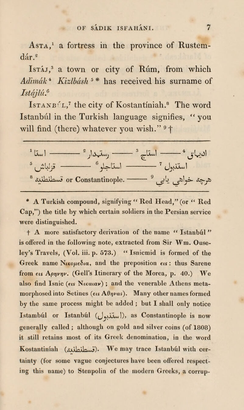 Asta,1 a fortress in the province of Rustem- dar.2 Istaj,3 a town or city of Rum, from which Adimak4 Kizlbash 5 * has received his surname of Istajlu.6 Istaxb 'l,7 the city of Kostantlniah.8 The word Istanbul in the Turkish language signifies, “you will find (there) whatever you wish.” 9 f -2 -3 -4 jl^ol - 6^JjJ\ -7 Jy(U 8 fojkhiujj or Constantinople.- 9 * A Turkish compound, signifying “ Red Head,” (or “ Red Cap,”) the title by which certain soldiers in the Persian service were distinguished. f A more satisfactory derivation of the name “ Istanbul ” is offered in the following note, extracted from Sir Wm. Ouse- ley’s Travels, (Vol. iii. p. 573.) “ Isnicmid is formed of the Greek name NtitopeSia, and the preposition ets: thus Sarene from eis Apr)vt)v. (Gell’s Itinerary of the Morea, p. 40.) We also find Isnic (eis NiKcuav) ; and the venerable Athens meta¬ morphosed into Setines (eis Adrjras). Many other names formed by the same process might be added ; but I shall only notice Istambul or Istanbul (JjaxLi!), as Constantinople is now generally called ; although on gold and silver coins (of 1808) it still retains most of its Greek denomination, in the word Kostantiniah We niay trace Istanbul with cer¬ tainty (for some vague conjectures have been offered respect¬ ing this name) to Stenpolin of the modern Greeks, a corrup-