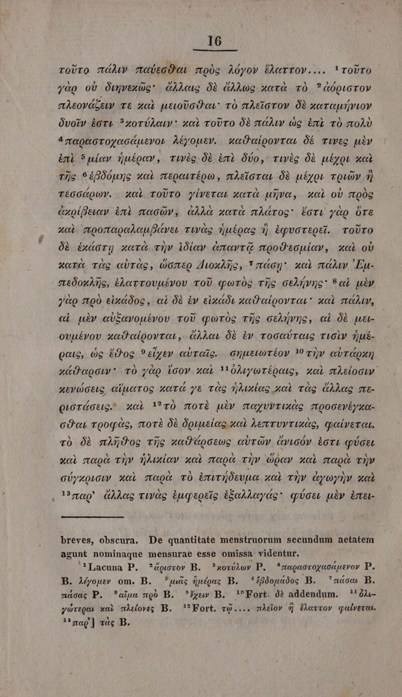 roUto mA TmtuÜtGÜQL moüc Aóyov ÉAwTTOV.... 'roUTO y«p oU Oujyexcc* CÀÀcug OB CAAeg xeTà TÓ ?GópuorOV mAsoPdisUP v&amp; xci ueuoUcÓ wi rÓ mAsiorOV ÓÀ xcrvcuuvtoY Ovotv àort ?xorÜAcuv: xci voUTO Ó2 ztCÀwV cg imi TO m0ÀU *z«0&amp;0T0yc6cusvobL A£yousv. xoeÜmipovre, ÓOÉ Tite uiv ini 5ulav quíoer, wig 0B imi Oío, wie Óà ufyot xc Tis 9áfÓOyug xol zepowríoo, mAsioraL Óà uéyou rQuOV 3j Té£GOCp0Y. X«L roUTO yivercLt xcTG uie, xoi ov mQ0G &amp;xolfiewxy nb moacOv, GARc xor nAcrOg ÉoTU y&amp;Q Ore xci mponapoAcuKtves Tue Tjuíoeg 7) éqvottQst. voUTO Ob éxGGTi xcvG vov iÓlav cmavrG mooUtouicv, uci ov xor r&amp;g cUTXg, QOO /uoxAno, *zwdon' x«i mdAw 'Eu- zt600xA56, àÀorrOVUuÉíVOV TOU qoróc Tac ctAnvnc' Soi uiv y&amp;Q 7t90 &amp;lxcOoc , eL Óà &amp;y eixcót xoD'alpovras* xoi stu, «L này eviavouívov voU qwr0g Tij csÀQvne, «i Óà us ovuévov xaD'cipgovret,. (AAoL 08 àv voca íroug TuolV 7)u£- Qcic, 6g ÉÜog 9siysv evroie. onusuréov 1? Tj» ovra xU 'cQcU *- TÓ y&amp;Q (cov x«L M 0AwycTÉooUIg, xcL mAs(OGUV. xeyootug cijuerToS XcT( y&amp; vg Xie xci vGg (AA TE- QuoTáGsig. xcL !*?r0 moré uiv moyvyTUxGg mtpocsvÉyua- cÓaL TQoq«G, 7t01à Óà Ópuuelog uo. Aer rvvTUXG, (petty er ou. v0 Óà mzmAWNOog Tüg xeÜWpc:og cUTOV &amp;yiGOv iTi qócet xoi meo vH» Mie» xoi mooc T9v ocv x«l moo vny GÜyzoucuP xci meo TÓ invriOsvjwe xol Te Gyoynms xci ?gw0' &amp;AA«g vw&amp;g iugeotig é&amp;aAAaydg* qUosu uiv. émet- breves, obscura. De quantitate menstruorum secundum aetatem agunt nominaque mensurae esse omissa videntur. Lacuna P. *?cgwrov B. ?zo:WAov P. *zagacroyaocuvor P. B. Aéyousr om. B. *5,u&amp;c $uéou; B. *£goouadog B. zo B. zn&amp;ca; P. eiue ngó B. yu» B. Fort. 0? addendum. 'óA- yovtous xai mÀsovtg B. ?KEort. v9.... nÀe&amp;o» v PÀevvov qaivevts. ! gag] v«c B.