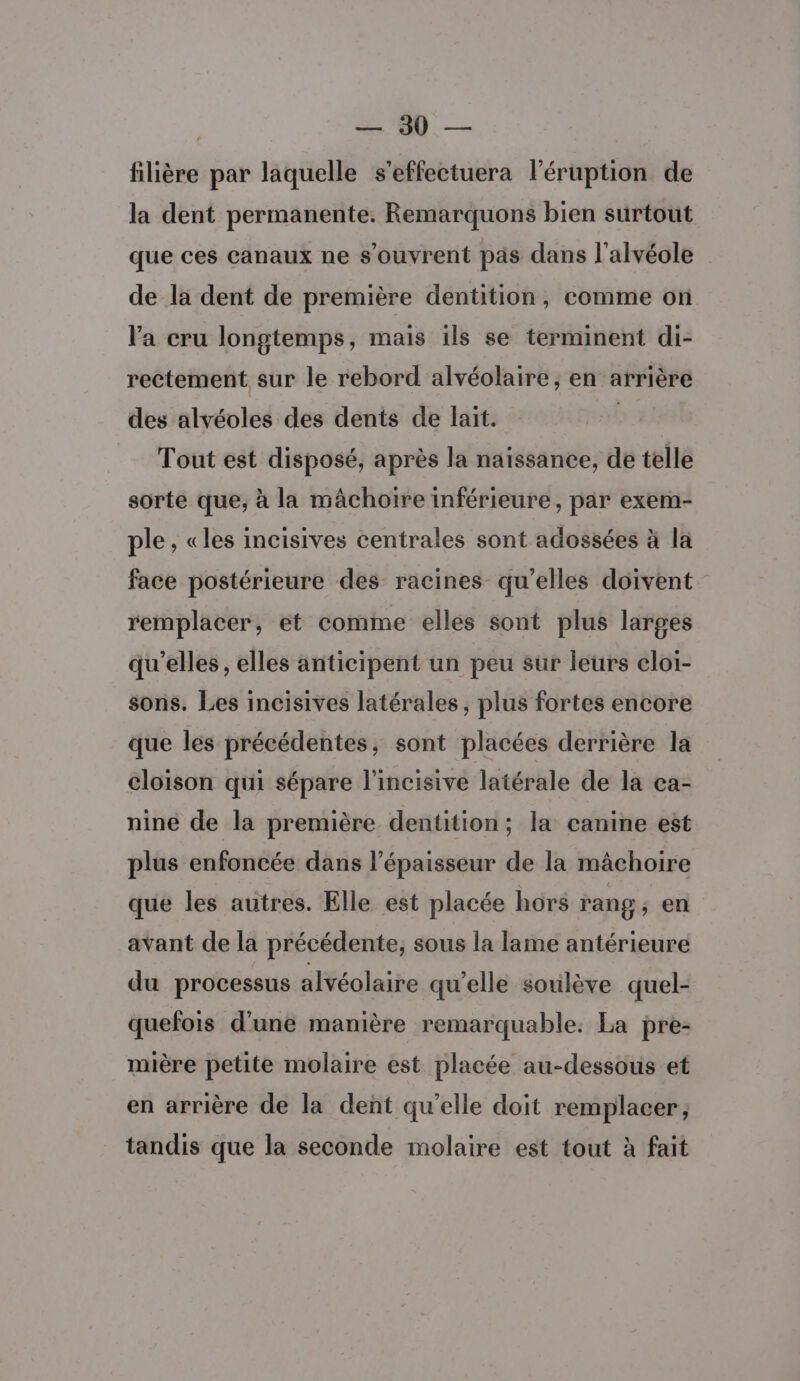 filière par laquelle s'effectuera l'éruption de la dent permanente. Remarquons bien surtout que ces canaux ne s'ouvrent pas dans l'alvéole de la dent de première dentition, comme on l'a cru longtemps, mais ils se terminent di- rectement sur le rebord alvéolaire, en arrière des alvéoles des dents de lait. | Tout est disposé, après la naissance, de telle sorte que, à la mâchoire inférieure, par exem- ple , «les incisives centrales sont adossées à la face postérieure des racines qu’elles doivent remplacer, ét comme elles sont plus larges qu'elles, elles anticipent un peu sur leurs eloi- sons. Les incisives latérales, plus fortes encore que les précédentes, sont placées derrière la cloison qui sépare l'incisive latérale de la ca- nine de la première dentition; la canine est plus enfoncée dans l'épaisseur de la mâchoire que les autres. Elle est placée hors rang, en avant de la précédente, sous la lame antérieure du processus alvéolaire qu'elle soulève quel- quefois d’une manière remarquable: La pre- mière petite molaire est placée au-dessous et en arrière de la dent qu'elle doit remplacer, tandis que la seconde molaire est tout à fait