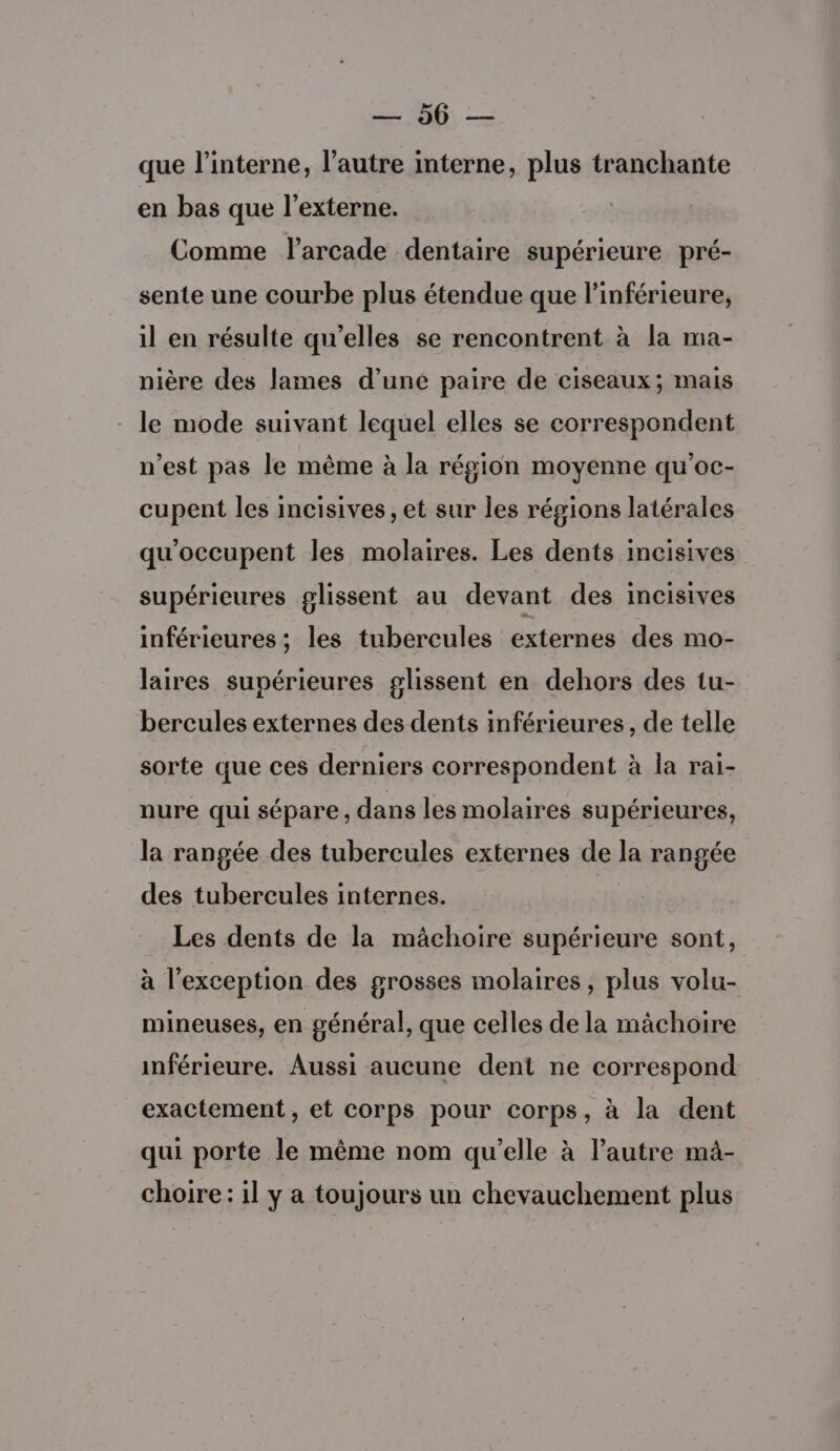 ER que l’interne, l’autre interne, plus tranchante en bas que l’externe. Comme larcade dentaire supérieure pré- sente une courbe plus étendue que l’inférieure, il en résulte qu’elles se rencontrent à la ma- nière des lames d’une paire de ciseaux; mais le mode suivant lequel elles se correspondent n’est pas le même à la région moyenne qu'oc- cupent les incisives, et sur les régions latérales qu'occupent les molaires. Les dents incisives supérieures glissent au devant des incisives inférieures ; les tubercules externes des mo- laires supérieures glissent en dehors des tu- bercules externes des dents inférieures, de telle sorte que ces derniers correspondent à Îa rai- nure qui sépare , dans les molaires supérieures, la rangée des tubercules externes de la rangée des tubercules internes. Les dents de la mâchoire supérieure sont, à l’exception des grosses molaires , plus volu- mineuses, en général, que celles de la mâchoire inférieure. Aussi aucune dent ne correspond exactement, et corps pour corps, à la dent qui porte le même nom qu’elle à l’autre mà- choire: il y a toujours un chevauchement plus