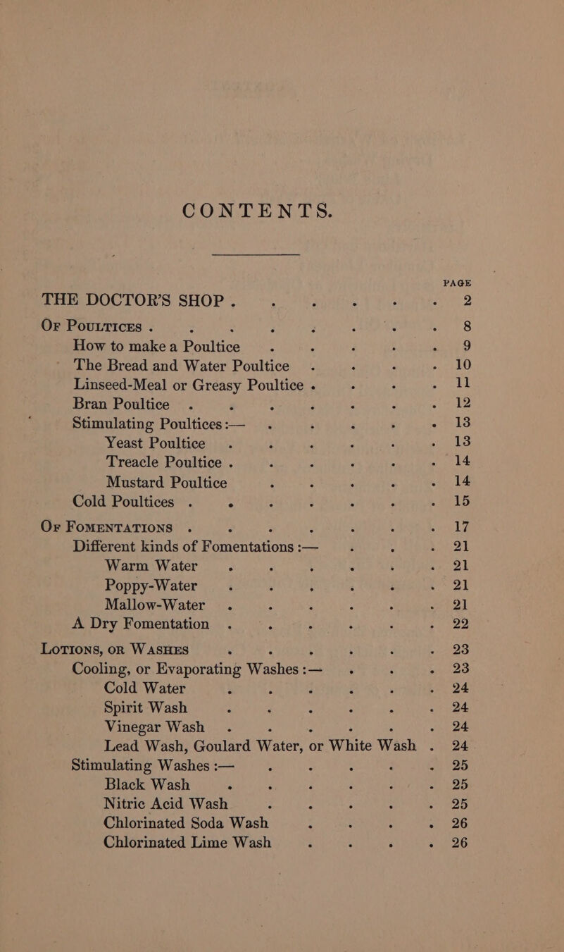 CONTENTS. THE DOCTOR'S SHOP . : ; S Or PouLrices . How to makea Boultivs The Bread and Water Poultice Linseed-Meal or Greasy Poultice . Bran Poultice Stimulating Poultices :— Yeast Poultice Treacle Poultice . Mustard Poultice Cold Poultices . : Or FoMENTATIONS q 4 Different kinds of Poneries: _ Warm Water ; Poppy-Water Mallow-Water A Dry Fomentation Lotions, oR W ASHES ; Cooling, or Evaporating Washes: _ Cold Water 5 ‘ : Spirit Wash Vinegar Wash Stimulating Washes :— Black Wash A Nitric Acid Wash ‘ Chlorinated Soda Wash “ Chlorinated Lime Wash PAGE 21 26