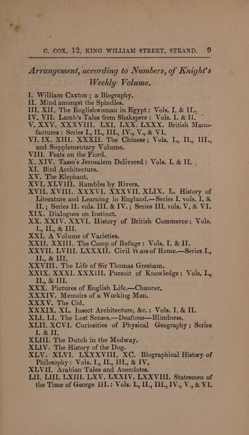 Arrangement, according to Numbers, of Knight's Weekly Volume. I. William Caxton ; a Biography. II. Mind amongst the Spindles. III. XH. The Englishwoman in Egypt: Vols. I. &amp; II., IV. VII. Lamb’s Tales from Shakspere: Vols. I. &amp; I. ~ V. XXV. XXXVIII. LXI, LXX. LXXX. British Manu- factures : Series I., II., II., 1V., V., &amp; VI. VI. IX. XIII. XXXII. The Chinese; Vols. I., II., Ul., and Supplementary Volume. VIII. Feats on the Fiord. X. XIV. Tasso’s Jerusalem Delivered: Vols. I. &amp; II. . XI. Bird Architecture. XV. The Elephant. XVI. XLVIII. Rambles by Rivers. XVII. XVIII. XXXVI. XXXVII. XLIX. L. History of Literature and Learning in England.—Series I. vols. I. &amp; II.; Series IT. vols. III. &amp; IV.; Series III. vols. V. &amp; VI. XIX. Dialogues on Instinct. XX. XXIV. XXVI-. History of British Commerce: Vols. Fe lke RL XXI. A Volume of Varieties. XXII. XXIII. The Camp of Refuge: Vols. I. &amp; II. XXVII. LVUI. LXXXII.. Civil Wars of Rome.—Series I., IL, &amp; Il. XXVIII. The Life of Sir Thomas Gresham. . XXIX. XXXI. XXXIII. Pursuit of Knowledge: Vols, I, IL, &amp; IL XXX. Pictures of English Life-—Chaucer, XXXIV. Memoirs of a Working Man, XXXV. The Cid. XXXIX. XL. Insect Architecture, &amp;c.: Vols. I. &amp; II. XLI. LI. The Lost Senses.—Deafness— Blindness. XLII. XCVI. Curiosities of Physical Geography ; Series I. &amp; Il, XLIII. The Dutch in the Medway. XLIV. The History of the Dog. XLV. XLVI. LXXXVIII. XC. Biographical History of Philosophy: Vols. I., II., HI., &amp; IV. XLVII. Arabian Tales and Anecdotes. LIT. LUI, LX. LXV. LXXIV. LXXVIII. Statesmen of the Time of George UI.: Vols. I. 11, HI., IV., V.,&amp; VI.