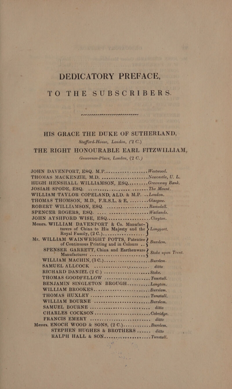 DEDICATORY PREFACE, TO THE SUBSCRIBERS. PPE LPI PLE LD POL ELE PLP OPO LE PE OPE HIS GRACE THE DUKE OF SUTHERLAND, Stafford-House, London, (2 C.) THE RIGHT HONOURABLE EARL FITZWILLIAM, Grosvenor-Place, London, (2 C.) JOHN DAVENPORT, ESQ. M.P........... Se Westwood. THOMAS MAG KIENZLE MDS a ncincc.c0c0.4 6 cece esses Newcastle, U. L. HUGH HENSHALL WILLIAMSON, ESQ.........Greenway Bank. JOS PFAIESS PODEHESQH Ah wwiis.cws vwier. comes ah ae: The Mount. WILLIAM TAYLOR COPELAND, ALD. &amp; M.P....London. THOMAS THOMSON, M.D., F.R.S.L. &amp; E, ....--+- Glasgow. ROBERT WILLIAMSON, ESQ. ...........0+20- - « Ramsdell. SPENCER ROGERS, ESQ. .... .. spline aie sha 89 .» Watlands. JOHN AYSHFORD WISE, ESQ cece. as ceccnsiees ne Clayton. turers of China to His Majesty and the Royal Family, (2C.)...... Vids tate ames Mr. WILLIAM WAINWRIGHT POTTS, Patentee Burst of Continuous Printing and in Colours Py ce, ae Messrs. WILLIAM DAVENPORT &amp; Co. Manufac- Longport SPENSER GARRETT, China and Ro Cake Trent WERE AOLOLCE (5 sss cles ode Sa BR ds cowie’ bh aire Ce WILLTAR DIACHIN, (3 Ci) os balees ccovins tasety Burslem. SAMUEL ALLCOCK ............. s'etiotas Tak BS + ditto RICHARD DANIEL (2 C.) .....-......-.2.. oe Stoke. THOMAS GOODFELLOW .............ceceece Tunstall, BENJAMIN SINGLETON BROUGH.......... Longton. WILLIAM BROOKES... 2.6 scceeee cesccu waelv eo’ Burslem. THOMAS HUXLEY 6.2005 soeessees WILLIAM BOURNE eves aleiehecietete LURSLALL a Oa wibla'e Riacels #6 e: ee anEIR aa RC Burslem. SAMUEL BOURNE .......... rere... eeeeese ditto CHARLES COCKSON........ digiaid esha onda: Ae Cobridge. FRANGIS EMERY. eiease oa Hv estqeys eee sidieiee s!) ditto Messrs, ENOCH WOOD &amp; SONS, (2C.)............ Burslem, STEPHEN HUGHES &amp; BROTHERS...... ditto RALPH HALL &amp; SON...... eee OPO HOLCRS Hees Tunstall,