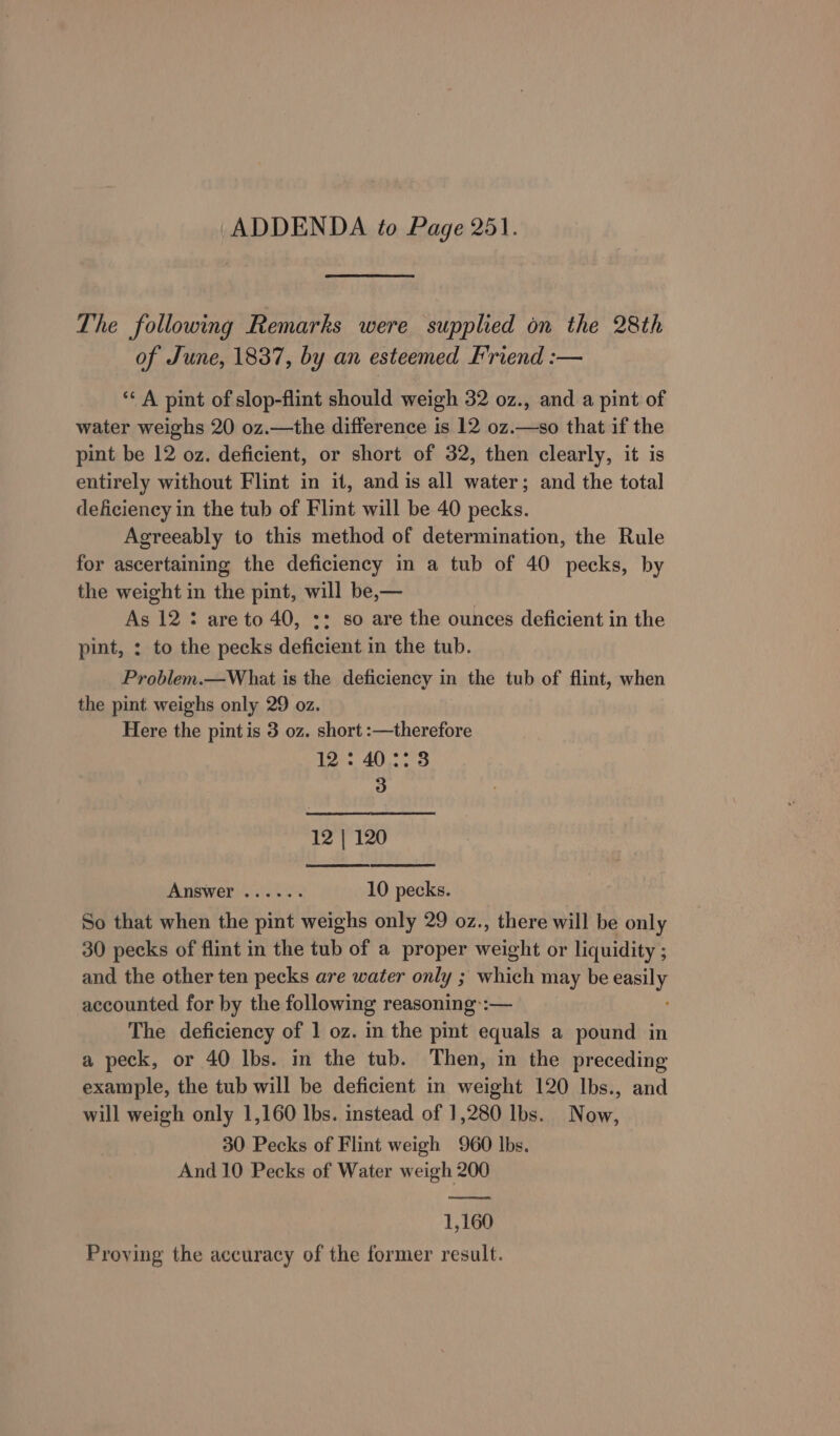 ADDENDA to Page 251. The following Remarks were supplied on the 28th of June, 1837, by an esteemed Friend :— ‘&lt;A pint of slop-flint should weigh 32 oz., and a pint of water weighs 20 oz.—the difference is 12 0z.—so that if the pint be 12 oz. deficient, or short of 32, then clearly, it is entirely without Flint in it, and is all water; and the total deficiency in the tub of Flint will be 40 pecks. Agreeably to this method of determination, the Rule for ascertaining the deficiency in a tub of 40 pecks, by the weight in the pint, will be,— As 12 : are to 40, :: so are the ounces deficient in the pint, : to the pecks deficient in the tub. Problem.—What is the deficiency in the tub of flint, when the pint weighs only 29 oz. Here the pint is 3 oz. short :—therefore 12: 40.2: 3 3 12 | 120 Answer ...... 10 pecks. So that when the pint weighs only 29 oz., there will be only 30 pecks of flint in the tub of a proper weight or liquidity ; and the other ten pecks are water only 5 3 which may be ey accounted for by the following reasoning:— The deficiency of 1 oz. in the pint equals a pound in a peck, or 40 Ibs. in the tub. Then, in the preceding example, the tub will be deficient in weight 120 Ibs., and will weigh only 1,160 lbs. instead of 1,280 lbs. Now, 30 Pecks of Flint weigh 960 lbs. And 10 Pecks of Water weigh 200 1,160 Proying the accuracy of the former result.