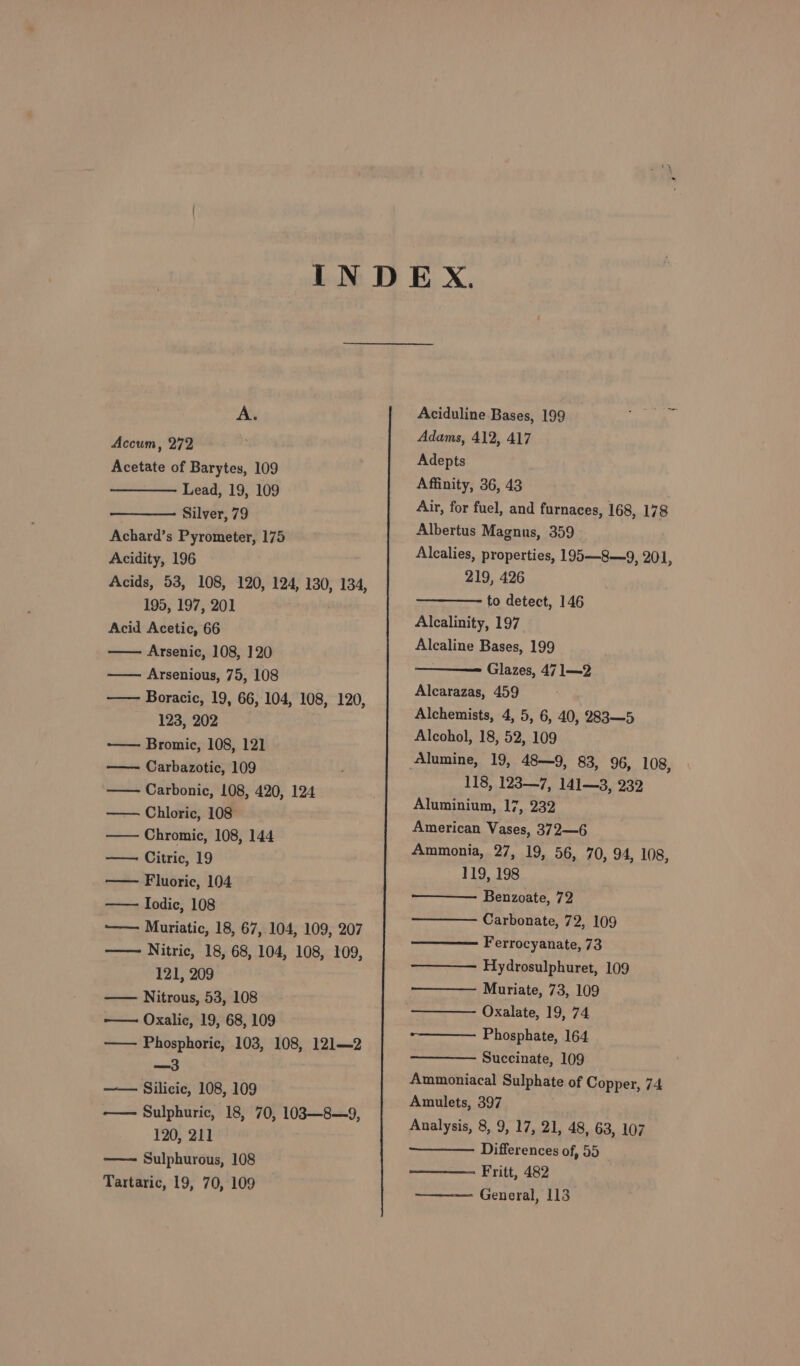 Accum, 272 Acetate of Barytes, 109 — Lead, 19, 109 Silver, 79 Achard’s Pyrometer, 175 Acidity, 196 Acids, 53, 108, 120, 124, 130, 134, 195, 197, 201 Acid Acetic, 66 — Arsenic, 108, 120 —— Arsenious, 75, 108 Boracic, 19, 66, 104, 108, 120, 123, 202 ~—— Bromic, 108, 121 —— Carbazotic, 109 Carbonic, 108, 420, 124 — Chloric, 108 ——- Chromic, 108, 144 — Citric, 19 —— Fluoric, 104 —— Iodic, 108 ——— Muriatic, 18, 67, 104, 109, 207 —— Nitric, 18, 68, 104, 108, 109, 121, 209 — Nitrous, 53, 108 Oxalic, 19, 68, 109 —— Phosphoric, 103, 108, 121—2 —3 —— Silicic, 108, 109 -—— Sulphuric, 18, 70, 103—8—9, 120, 211 —— Sulphurous, 108 Tartaric, 19, 70, 109 Adams, 412, 417 Adepts Affinity, 36, 43 Air, for fuel, and furnaces, 168, 178 Albertus Magnus, 359 Alealies, properties, 195—8—9, 201, 219, 426 to detect, 146 Alcalinity, 197 Alcaline Bases, 199 Glazes, 47 1—2 Alcarazas, 459 Alchemists, 4, 5, 6, 40, 283—5 Alcohol, 18, 52, 109 Alumine, 19, 48—9, 83, 96, 108 118, 123—7, 141—3, 232 Aluminium, 17, 232 American Vases, 372—6 Ammonia, 27, 19, 56, 70, 94, 108, 119, 198 Benzoate, 72 ——- Carbonate, 72, 109 Ferrocyanate, 73 Hydrosulphuret, 109 —— Muriate, 73, 109 ———- Oxalate, 19, 74 Phosphate, 164 Succinate, 109 Ammoniacal Sulphate of Copper, 74 Amulets, 397 Analysis, 8, 9, 17, 21, 48, 63, 107 Differences of, 55 Fritt, 482 e)