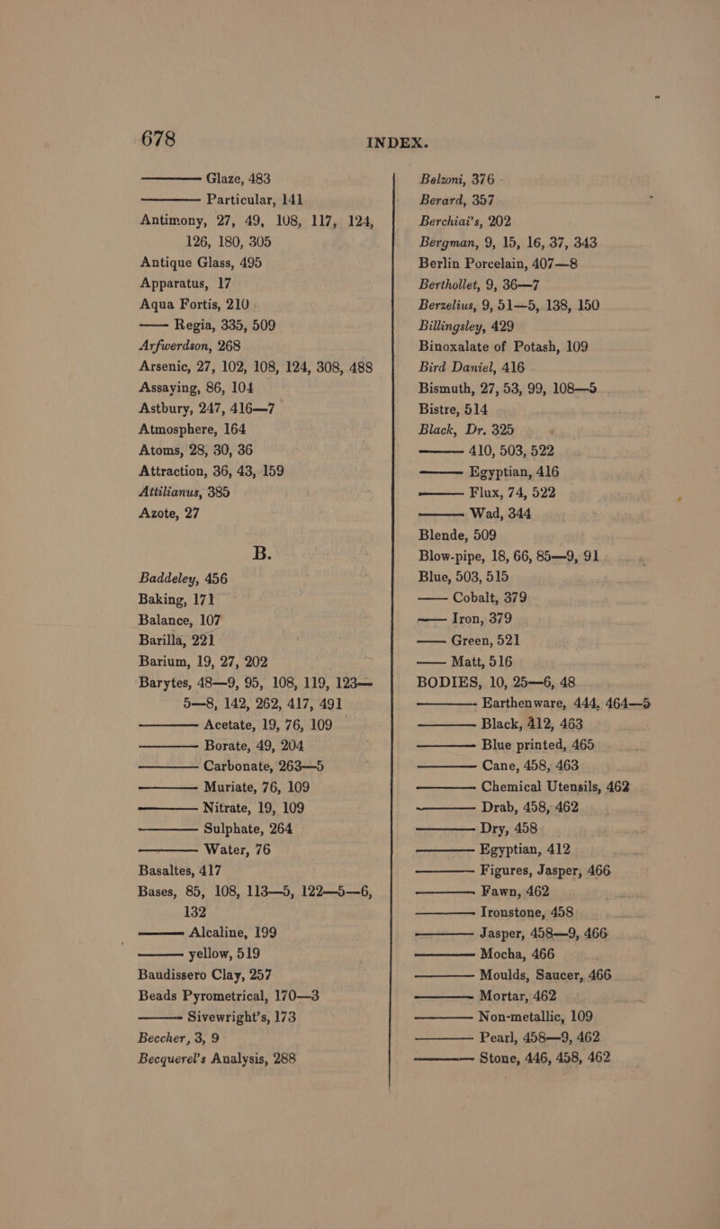 Particular, 141 Antimony, 27, 49, 1U8, 117, 124, 126, 180, 305 Antique Glass, 495 Apparatus, 17 Aqua Fortis, 210 Regia, 335, 509 Arfwerdson, 268 Arsenic, 27, 102, 108, 124, 308, 488 Assaying, 86, 104 Astbury, 247, 416—7 Atmosphere, 164 Atoms, 28, 30, 36 Attraction, 36, 43, 159 Attilianus, 385 Azote, 27 B. Baddeley, 456 Baking, 171 Balance, 107 Barilla, 221 Barium, 19, 27, 202 Barytes, 48—9, 95, 108, 119, 123— o—8, 142, 262, 417, 491 —_— Acetate, 19, 76, 109 —— Borate, 49, 204 ———— Carbonate, 263—5 ———— Muriate, 76, 109 —— Nitrate, 19, 109 ————- Sulphate, 264 —_————. Water, 76 Basaltes, 417 Bases, 85, 108, 118—5, 122—5—6, 132 —— Alcaline, 199 yellow, 519 Baudissero Clay, 257 Beads Pyrometrical, 170—3 Sivewright’s, 173 Beccher, 3, 9 Becquerel’s Analysis, 288 Berard, 357 Berchiai’s, 202 Bergman, 9, 15, 16, 37, 343 Berlin Porcelain, 407—8 Berthollet, 9, 36—7 Berzelius, 9, 51—5, 138, 150 Billingsley, 429 Binoxalate of Potash, 109 Bird Daniel, 416 Bismuth, 27, 53, 99, 108—S Bistre, 514 Black, Dr, 325 410, 503, 522 —— Egyptian, 416 Flux, 74, 522 Wad, 344 Blende, 509 Blow-pipe, 18, 66, 85—9, 91 Blue, 503, 515 Cobalt, 379 —— Iron, 379 —— Green, 521 Matt, 516 BODIES, 10, 25—6, 48 ——_——- Earthenware, 444, 464—5 ———— Black, 412, 463 ———- Blue printed, 465 ———— Cane, 458, 463 ———— Chemical Utensils, 462 ————— Drab, 458, 462 ———. Dry, 458 ————- Egyptian, 412 ———— Figures, Jasper, 466 Fawn, 462 Tronstone, 458 ——- Jasper, 458—9, 466 ———— Mocha, 466 ———— Moulds, Saucer, 466 Mortar, 462 ———— Non-metallic, 109 ————. Pearl, 458—9, 462 ————-—~ Stone, 446, 458, 462