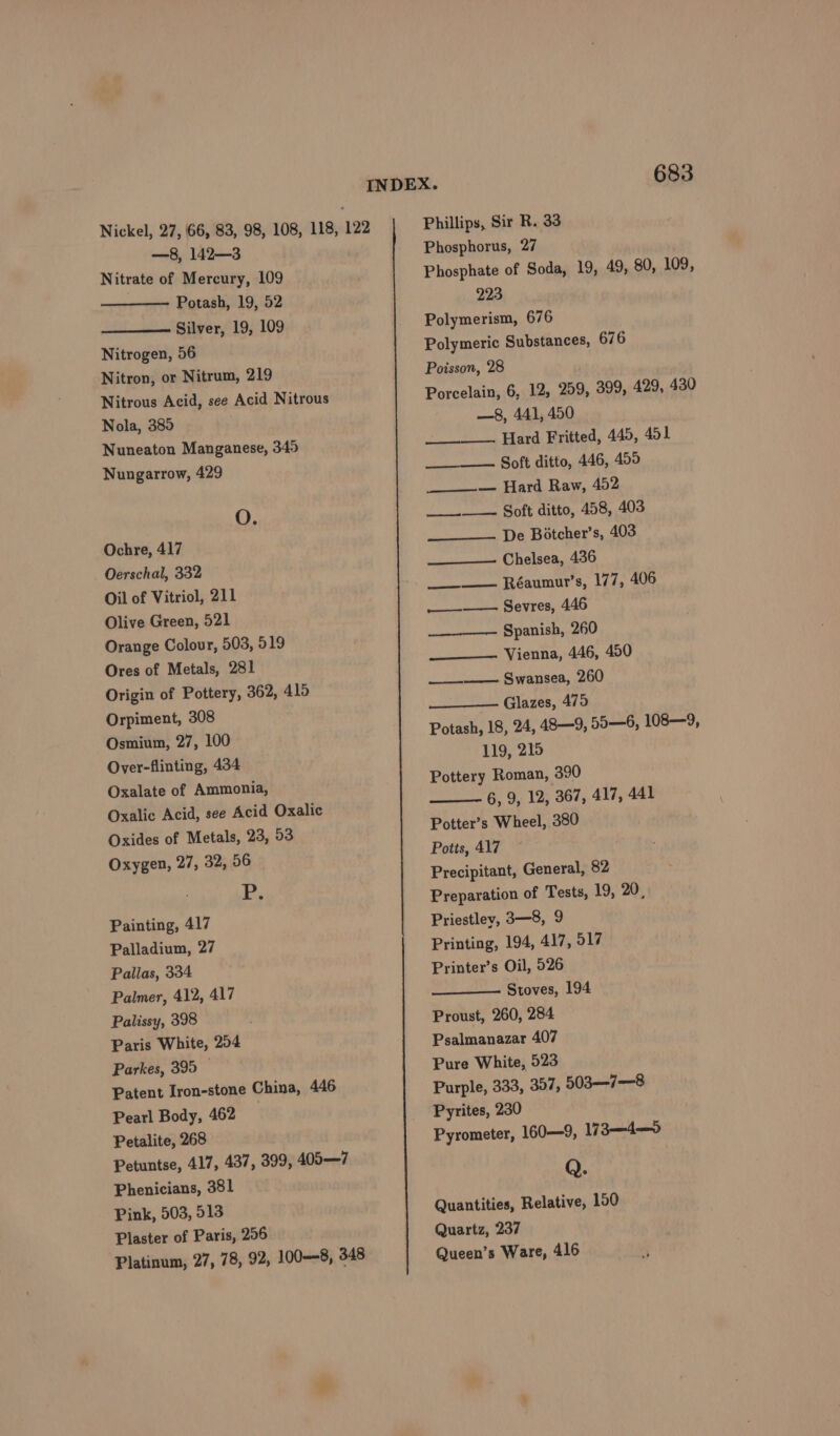 —8, 142—3 Nitrate of Mercury, 109 Potash, 19, 52 Silver, 19, 109 Nitrogen, 56 Nitron, or Nitrum, 219 Nitrous Acid, see Acid Nitrous Nola, 385 Nuneaton Manganese, 349 Nungarrow, 429 O. Ochre, 417 Oerschal, 332 Oil of Vitriol, 211 Olive Green, 521 Orange Colour, 503, 519 Ores of Metals, 281 Origin of Pottery, 362, 415 Orpiment, 308 Osmium, 27, 100 Over-flinting, 434 Oxalate of Ammonia, Oxalic Acid, see Acid Oxalic Oxides of Metals, 23, 93 Oxygen, 27, 32, 56 LP, Painting, 417 Palladium, 27 Pallas, 334 Palmer, 412, 417 Palissy, 398 Paris White, 204 Parkes, 395 © Patent Iron-stone China, 446 Pearl Body, 462 _ Petalite, 268 Petuntse, 417, 437, 399, 403—7 Phenicians, 381 Pink, 503, 513 Plaster of Paris, 296 Platinum, 27, 78, 92, 100—-8, 348 Phillips, Sir R. 33 Phosphorus, 27 Phosphate of Soda, 19, 49, 80, 109, 223 Polymerism, 676 Polymeric Substances, 676 Poisson, 28 Porcelain, 6, 12, 259, 399, 429, 430 —8, 441, 450 Hard Fritted, 445, 451 __-——. Soft ditto, 446, 459 ____-— Hard Raw, 452 __.__— Soft ditto, 458, 403 De Botcher’s, 403 —___——. Chelsea, 436 Réaumur’s, 177, 406 —- Sevres, 446 —____—— Spanish, 260 Vienna, 446, 450 _—___-—— Swansea, 260 Glazes, 475 Potash, 18, 24, 48—9, 55—6, 108—9, 119, 215 Pottery Roman, 390 6, 9, 12, 367, 417, 441 Potter’s Wheel, 380 Potts, 417 Precipitant, General, 82 Preparation of Tests, 19, 20, Priestley, 3—8, 9 Printing, 194, 417, 517 Printer’s Oil, 526 Stoves, 194 Proust, 260, 284 Psalmanazar 407 Pure White, 523 Purple, 333, 357, 503—7—8 Pyrites, 230 Pyrometer, 160—9, 173—4—9 Q. Quantities, Relative, 150 Quartz, 237 Queen’s Ware, 416 * —=