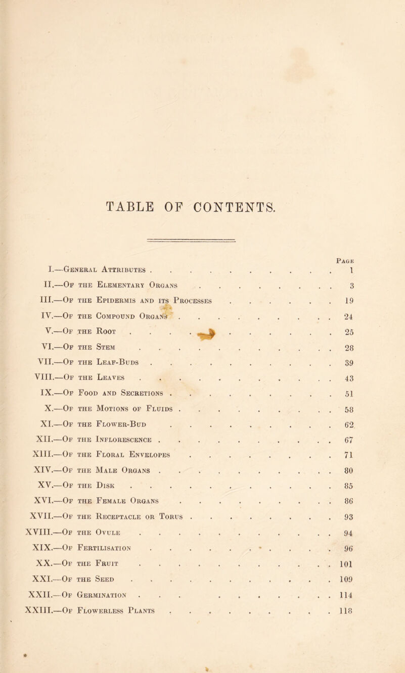 TABLE OF CONTENTS I.—General Attributes . II.—Op the Elementary Organs III. —Of the Epidermis and its Processes IV. —Of the Compound Organs V.—Of the Root VI.—Of the Stem VII.—Of the Leaf-Buds VIII.—Of the Leaves IX.—Of Food and Secretions . X.—Of the Motions of Fluids . XI.—Of the Flower-Bud XII.—Of the Inflorescence . XIII. —Of the Floral Envelopes XIV. —Of the Male Organs . XV.—Of the Disk .... XVI.—Of the Female Organs XVII.—Of the Receptacle or Torus . XVIII.—Of the Ovule XIX.—Of Fertilisation XX.—Of the Fruit XXI.—Of the Seed .... XXII.—Of Germination XXIII.—Of Flowerless Plants Page 1 3 19 24 25 28 39 43 51 58 62 67 71 80 85 86 93 94 96 101 109 114 118