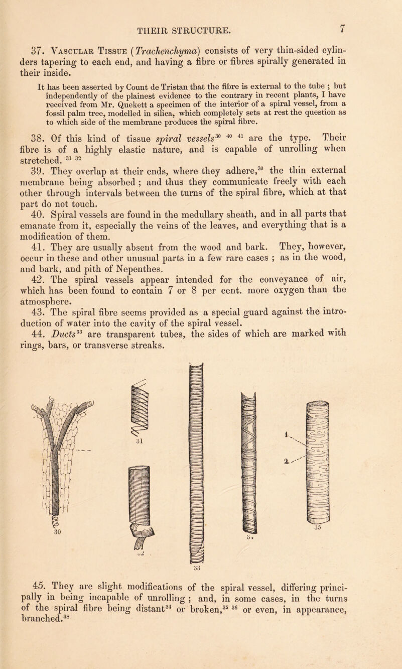 37. Vascular Tissue (Trachenchyma) consists of very thin-sided cylin¬ ders tapering to each end, and having a fibre or fibres spirally generated in their inside. It has been asserted by Count de Tristan that the fibre is external to the tube ; but independently of the plainest evidence to the contrary in recent plants, I have received from Mr. Quekett a specimen of the interior of a spiral vessel, from a fossil palm tree, modelled in silica, which completely sets at rest the question as to which side of the membrane produces the spiral fibre. 38. Of this kind of tissue spiral vessels30 40 41 are the type. Their fibre is of a highly elastic nature, and is capable of unrolling when stretched. 31 32 39. They overlap at their ends, where they adhere,30 the thin external membrane being absorbed ; and thus they communicate freely with each other through intervals between the turns of the spiral fibre, which at that part do not touch, 40. Spiral vessels are found in the medullary sheath, and in all parts that emanate from it, especially the veins of the leaves, and everything that is a modification of them. 41. They are usually absent from the wood and bark. They, however, occur in these and other unusual parts in a few rare cases ; as in the wood, and bark, and pith of Nepenthes. 42. The spiral vessels appear intended for the conveyance of air, which has been found to contain 7 or 8 per cent, more oxygen than the atmosphere. 43. The spiral fibre seems provided as a special guard against the intro¬ duction of water into the cavity of the spiral vessel. 44. Ducts33 are transparent tubes, the sides of which are marked with rings, bars, or transverse streaks. 33 45. They are slight modifications of the spiral vessel, differing princi¬ pally in being incapable of unrolling ; and, in some cases, in the turns of the spiral fibre being distant34 or broken,35 36 or even, in appearance, branched.38