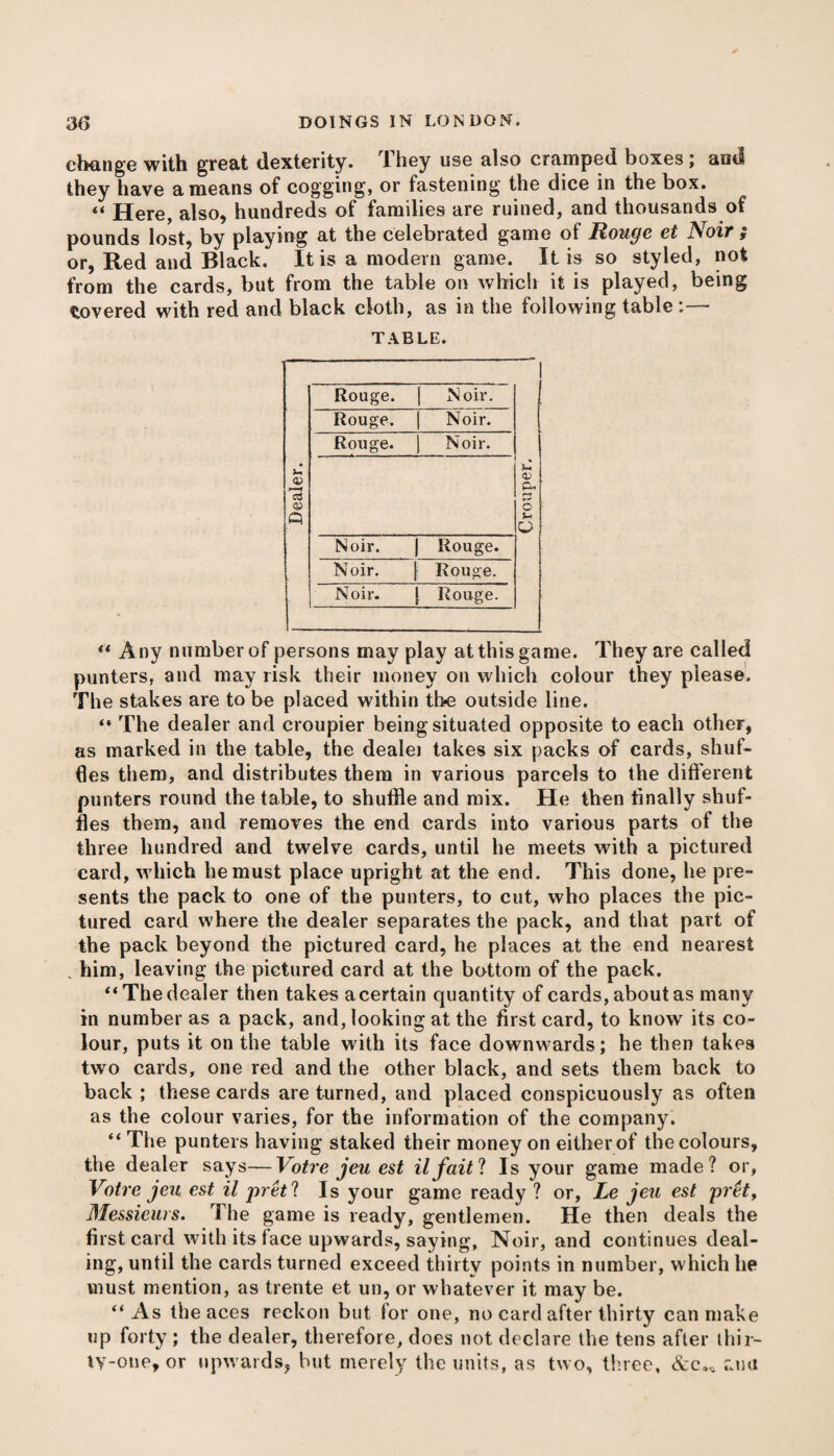 change with great dexterity, they use also cramped boxes; and they have a means of cogging, or fastening the dice in the box. “ Here, also, hundreds of families are ruined, and thousands of pounds lost, by playing at the celebrated game of Rouge et Noir s or, Red and Black. It is a modem game. It is so styled, not from the cards, but from the table on which it is played, being covered with red and black cloth, as in the following table :— TABLE. Rouge. | Noir. Rouge. Noir. Rouge. Noir. Noir. | Rouge. Noir. [ Rouge. Noir. 1 Rouge. “ Any number of persons may play at this game. They are called punters, and may risk their money on which colour they please. The stakes are to be placed within the outside line. “ The dealer and croupier being situated opposite to each other, as marked in the table, the dealei takes six packs of cards, shuf¬ fles them, and distributes them in various parcels to the different punters round the table, to shuffle and mix. He then Anally shuf¬ fles them, and removes the end cards into various parts of the three hundred and twelve cards, until he meets with a pictured card, which he must place upright at the end. This done, he pre¬ sents the pack to one of the punters, to cut, who places the pic¬ tured card where the dealer separates the pack, and that part of the pack beyond the pictured card, he places at the end nearest him, leaving the pictured card at the bottom of the pack. “ The dealer then takes acertain quantity of cards, about as many in number as a pack, and, looking at the first card, to know its co¬ lour, puts it on the table with its face downwards; he then takes two cards, one red and the other black, and sets them back to back ; these cards are turned, and placed conspicuously as often as the colour varies, for the information of the company. “ The punters having staked their money on eitherof the colours, the dealer says—Votre jeu est ilfait? Is your game made? or, Votre jeu est il pret't Is your game ready ? or, Le jeu est pret, Messieurs. The game is ready, gentlemen. He then deals the first card with its face upwards, saying, Noir, and continues deal¬ ing, until the cards turned exceed thirty points in number, which he must mention, as trente et un, or whatever it may be. “As the aces reckon but for one, no card after thirty can make up forty ; the dealer, therefore, does not declare the tens after thir¬ ty-one, or upwards, but merely the units, as two, three, &c.* ami