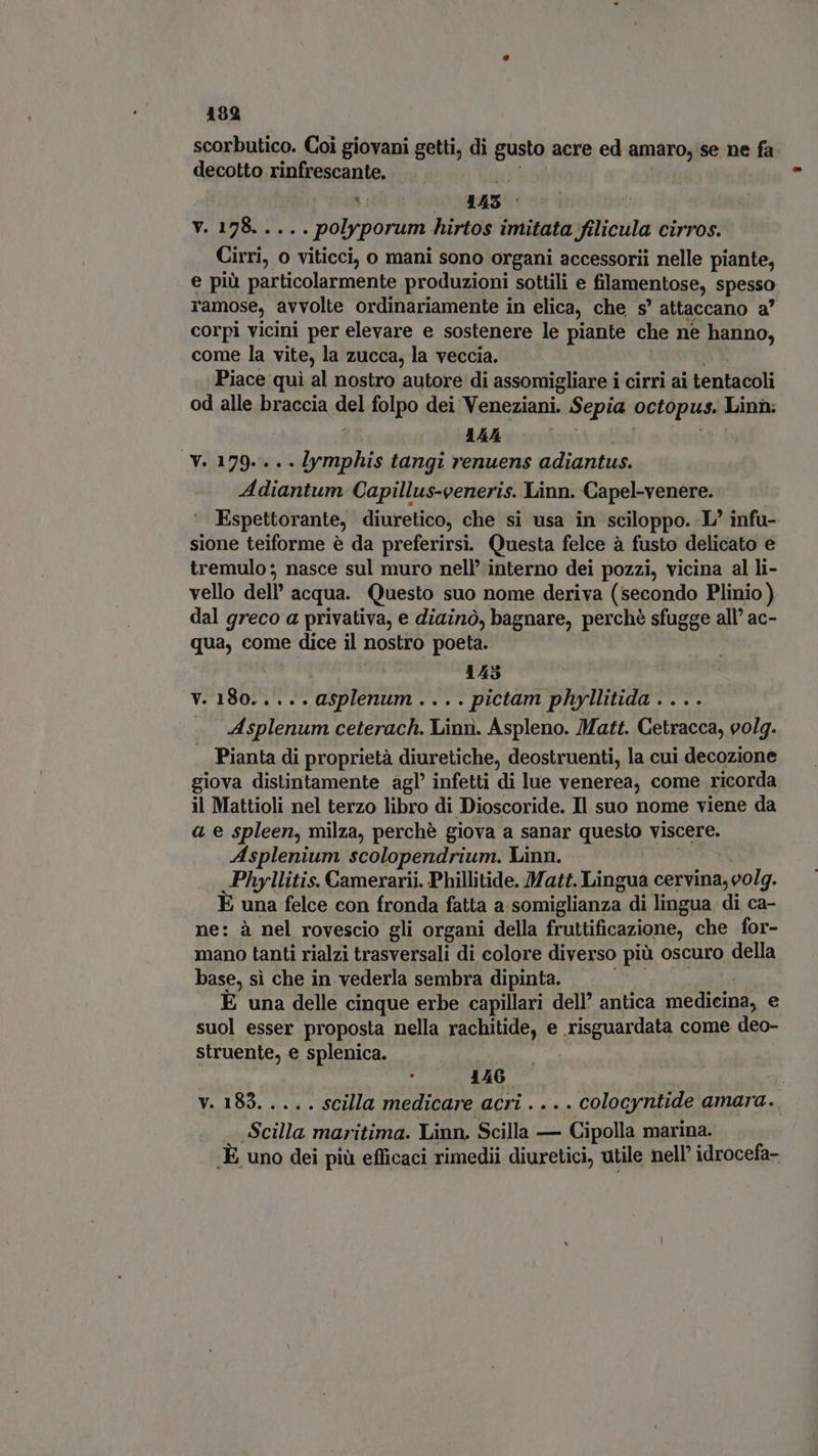 scorbutico. Coi giovani getti, di gusto acre ed amaro, se ne fa decotto rintpescante. Y ta 3 345 : Y. m ho mte: hirtos imitata filicula cirros. Cirri, o viticci, o mani sono organi accessorii nelle piante, e più particolarmente produzioni sottili e filamentose, spesso ramose, avvolte ordinariamente in elica, che s' attaccano a' corpi vicini per elevare e sostenere le piante che ne hanno, come la vite, la zucca, la veccia. Piace quì al nostro autore di assomigliare i cirri ai tentacoli od alle braccia del folpo dei Veneziani, Sepia octopus: Linn: 144 Y. 1790. lymphis tangi renuens adiantus. Adiantum Capillus-veneris. Linn. Capel-venere. Espettorante, diuretico, che si usa in sciloppo. L' infu- sione teiforme é da preferirsi. Questa felce à fusto delicato e tremulo; nasce sul muro nell’ interno dei pozzi, vicina al li- vello dell acqua. Questo suo nome deriva (secondo Plinio) dal greco a privativa, e diainò, bagnare, perchè sfugge all’ ac- qua, come dice il nostro poeta. | 143 : V. 180..... asplenum . . . . pictam phyllitida . . .. A splenum ceterach. Linn. Aspleno. Matt. Cetracca, volg. Pianta di proprietà diuretiche, deostruenti, la cui decozione giova distintamente agl’ infetti di lue venerea, come ricorda il Mattioli nel terzo libro di Dioscoride. Il suo nome viene da a e spleen, milza, perchè giova a sanar questo viscere. Asplenium scolopendrium. Linn. Phyllitis. Camerarii. Phillitide. Matt. Lingua cervina, volg. E una felce con fronda fatta a somiglianza di lingua di ca- ne: à nel rovescio gli organi della fruttificazione, che for- mano tanti rialzi trasversali di colore diverso più oscuro della base, sì che in vederla sembra dipinta. È una delle cinque erbe capillari dell antica medicina, e suol esser proposta nella rachitide, e risguardata come deo- struente, e splenica. s 146. LELE scilla medicare acri .... colocyntide amara.. Scilla maritima. Linn. Scilla - — Cipolla marina. È uno dei più efficaci rimedii diuretici, utile nell’ idrocefa-