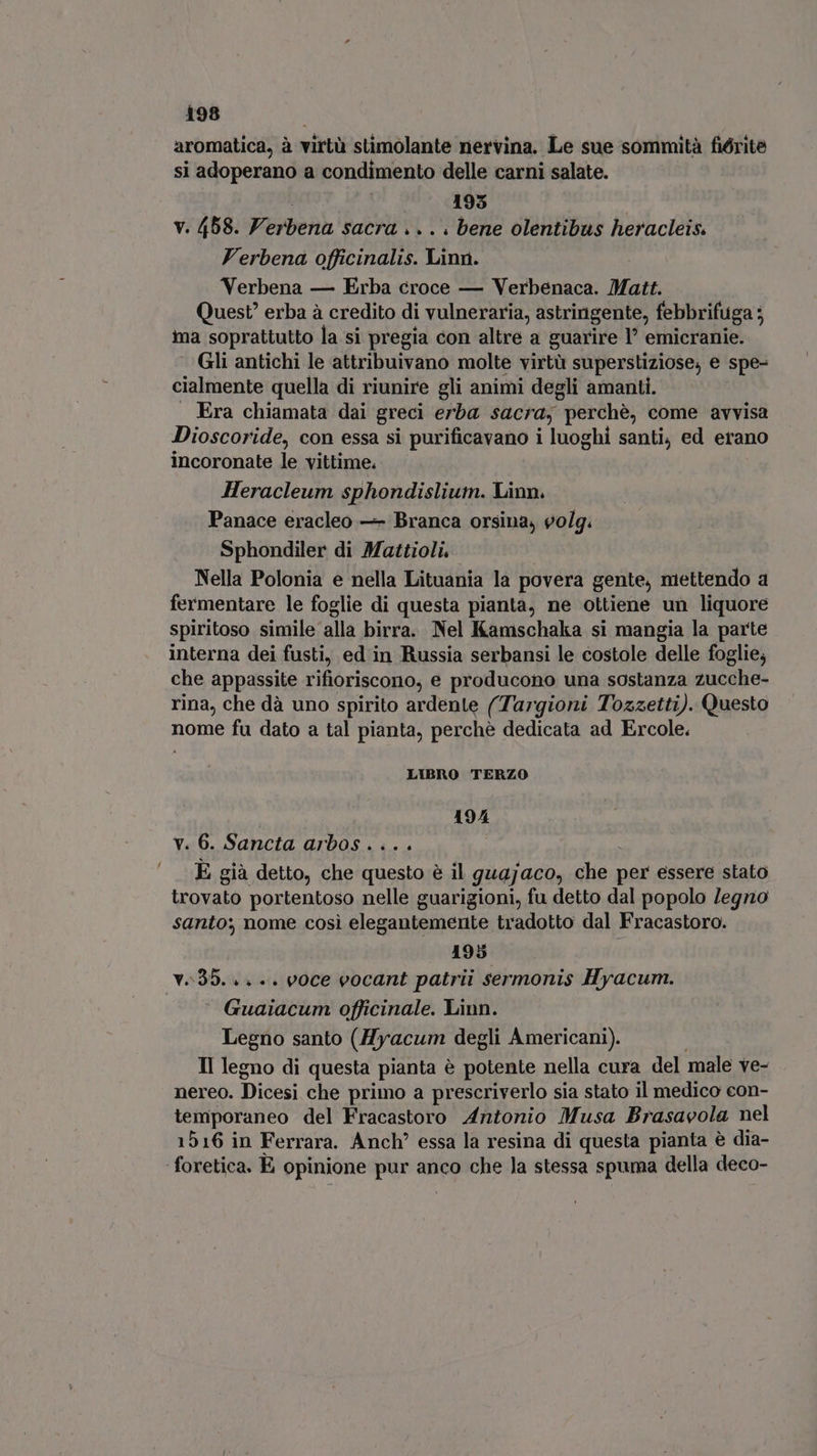aromatica, à virtù stimolante nervina. Le sue sommità fiórite si adoperano a condimento delle carni salate. 193 v. 458. Verbena sacra » » . : bene olentibus heracleis. Verbena officinalis. Linn. Verbena — Erba croce — Verbenaca. Matt. Quest erba à credito di vulneraria, astringente, febbrifuga ; ma soprattutto la si pregia con altre a guarire I emicranie. Gli antichi le attribuivano molte virtù superstiziose; e spe- cialmente quella di riunire gli animi degli amanti. Era chiamata dai greci erba sacra; perchè, come avvisa Dioscoride, con essa si purificavano i luoghi santi, ed erano incoronate le vittime. Heracleum sphondislium. Linn. Panace eracleo — Branca orsina, volg. Sphondiler di Mattioli. Nella Polonia e nella Lituania la povera gente, niettendo a fermentare le foglie di questa pianta, ne ottiene un liquore spiritoso simile alla birra. Nel Kamschaka si mangia la parte interna dei fusti, ed in Russia serbansi le costole delle foglie; che appassite rifioriscono, e producono una sostanza zucche- rina, che dà uno spirito ardente (Targioni Tozzetti). Questo nome fu dato a tal pianta, perché dedicata ad Ercole. LIBRO TERZO 194 v. 6. Sancta arbos . | E già detto, che eia è il guajaco, che La essere stato trovato portentoso nelle guarigioni, fu detto dal popolo legno santo; nome così elegantemente tradotto dal Fracastoro. 195. | v95... +. voce vocant patrii sermonis Hyacum. ° Guaiacum officinale. Linn. Legno santo (Hyacum degli Americani). Il legno di questa pianta è potente nella cura del male ve- nereo. Dicesi che primo a prescriverlo sia stato il medico con- temporaneo del Fracastoro Antonio Musa Brasavola nel 1516 in Ferrara. Anch? essa la resina di questa pianta è dia- ‘foretica. È opinione pur anco che la stessa spuma della deco-