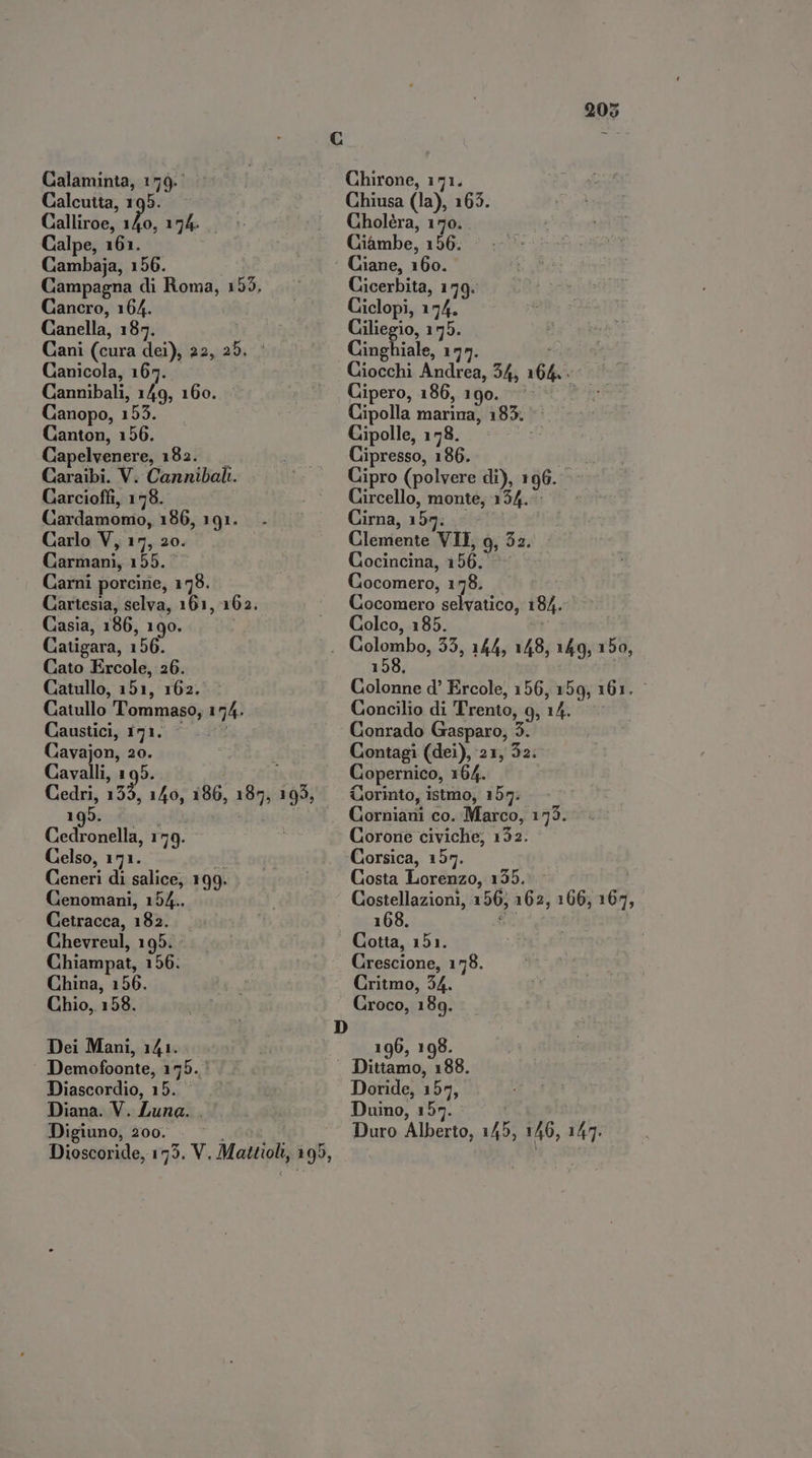Calcutta, 195. Calliroe, i 19h Calpe, 161. Cambaja, 156. Campagna di Roma, 155, Cancro, 164. Canella, 189. Cani (cura dei), 22, 25. | Canicola, 167. Cannibali, 149, 160. - Canopo, 153. Canton, 156. Capelvenere, 182. Caraibi. V. Cannibal. Carcioffi, 1178. Cardamomo, 186, 191. Carlo V, 17, 20. Carmani, 155. Carni porcine, 178. Cartesia, selva, 161, 162. Casia, 186, 190. | Catigara, 156. Cato Ercole, 26. Catullo, 151, 162. Catullo Tommaso, 194. Caustici, 171. - i Cavajon, 20. i Cavalli, 195. Cedri, 155, 140, 186, 185, 199, 195. Gedtonella, 179. Celso, 171. d Ceneri di salice, 199. Genomani, 154.. Cetracca, 182. Chevreul, 195. Chiampat, 156. China, 156. Chio, 158. Dei Mani, 141. Demofoonte, 175. Diascordio, 15. Diana. V. Luna. . Digiuno, 200. Dioscoride, 175. V. Mattioli, 195, Chiusa (la), 165. Choléra, 170. Ciambe, 156. Cicerbita, 179. Ciclopi, 174. Ciliegio, 195. Cinghiale, 179. 1 y Ciocchi Andrea, 34, 164. . : Cipero, 186, 190. ^ ^ ^ Cipolla marina, 185. © Cipolle, 178. TA Madri 186. Bi has ipro (polvere di), 196. - Cbar monte, VA a Cirna, 159: 0° | Clemente VII, 9, 32. Cocincina, 156. Cocomero, 178. Cocomero selvatico, 184. Colco, 185. » Colonne d' Ercole, 156, 159, 161. Concilio di Trento, 9, 14. Conrado Gasparo, 3. Contagi (dei), 21, 52. Copernico, 164. Corinto, istmo, 155. Gorniani co. Marco, 193. Corone civiche, 152. Costa Lorenzo, 135. - Costellazioni, 156; 162, 166, 167, 168. Soa Crescione, 178. Critmo, 34. 196, 198. Doride, 157, Duino, 155. | Duro Alberto, 145, 146, 147.
