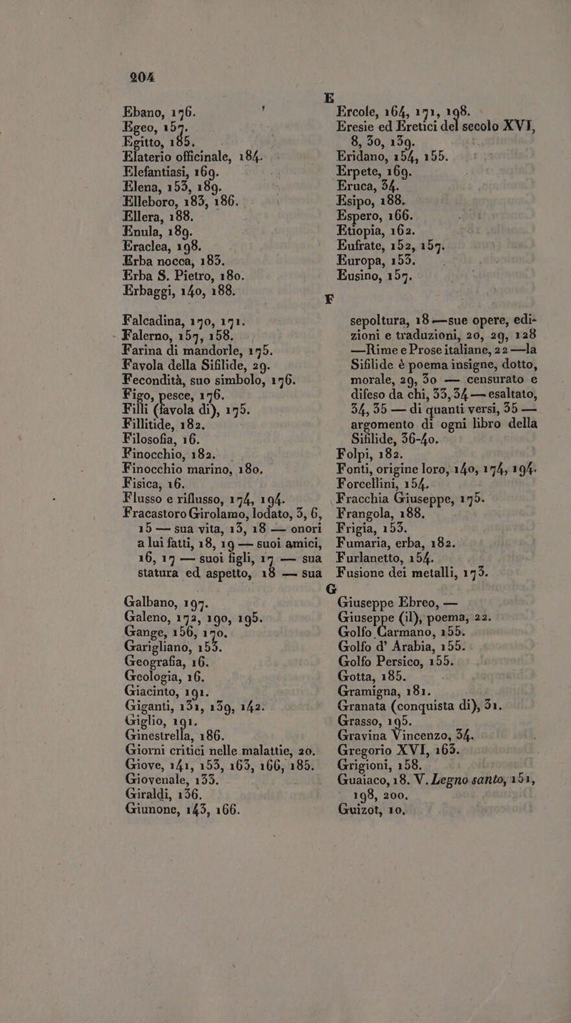 90A Ebano, 176. ! Egeo, d: Egitto, 185. à Elaterio officinale, 184. Elefantiasi, 169. Elena, 155, 189. Elleboro, 185, 186. Ellera, 188. Enula, 189. Eraclea, 198. Erba nocca, 183. Erba S. Pietro, 180. Erbaggi, 140, 188. Ercole, 164, 171, 198. &gt; 8, 50, 159. LE, Eridano, 154, 155. Eruca, 34. Esipo, 188. Espero, 166. Etiopia, 162. Eufrate, 152, 157. Europa, 155. Eusino, 157. Falcadina, 190, 171. &gt; Falerno, 153,158... Farina di mandorle, 175. Favola della Sifilide, 29. Fecondità, suo simbolo, 176. Figo, pesce, 176. Filli (favola di), 175. Fillitide, 182. sepoltura, 18 —sue opere, edi- zioni e traduzioni, 20, 29, 128 — Rime e Prose italiane, 22 —la Sifilide è poema insigne, dotto, morale, 29, Jo — censurato e difeso da chi, 33,54 — esaltato, 54, 95 — di quanti versi, 55 — argomento di ogni libro della Filosofia, 16. Finocchio, 182. . Finocchio marino, 180. Fisica, 16. Flusso e riflusso, 174, 194. Fracastoro Girolamo, lodato, 3, 6, 15 — sua vita, 13, 18 — onori a lui fatti, 18, 19 — suoi amici, 16, 17 — suoi figli, 17 — sua statura ed aspetto, 13 — sua Galbano, 197. Galeno, 172, 190, 195. Gange, 156, 170. Garigliano, 155. Geografia, 16. Geologia, 16. Giacinto, 191. Giganti, 151, 139, 142. Giglio, 191. Ginestrella, 186. Giorni critici nelle malattie, 20. Giove, 141, 155, 163, 100, 185. Giovenale, 155. enti Giraldi, 156. Sifilide, 56-40. Folpi, 182. Forcellini, 154. Fracchia Giuseppe, 175. Frangola, 188. Frigia, 155. Fumaria, erba, 182. Furlanetto, 154. Fusione dei metalli, 175. Giuseppe Ebreo, — Giuseppe (il), poema, 22. Golfo Carmano, 155. Golfo d Arabia, 155. Golfo Persico, 155. Gotta, 185. Gramigna, 181. Granata (conquista di), 31. Grasso, 195. Gravina ae 34. Gregorio XVI, 163. Grigioni, 158. 198, 200.