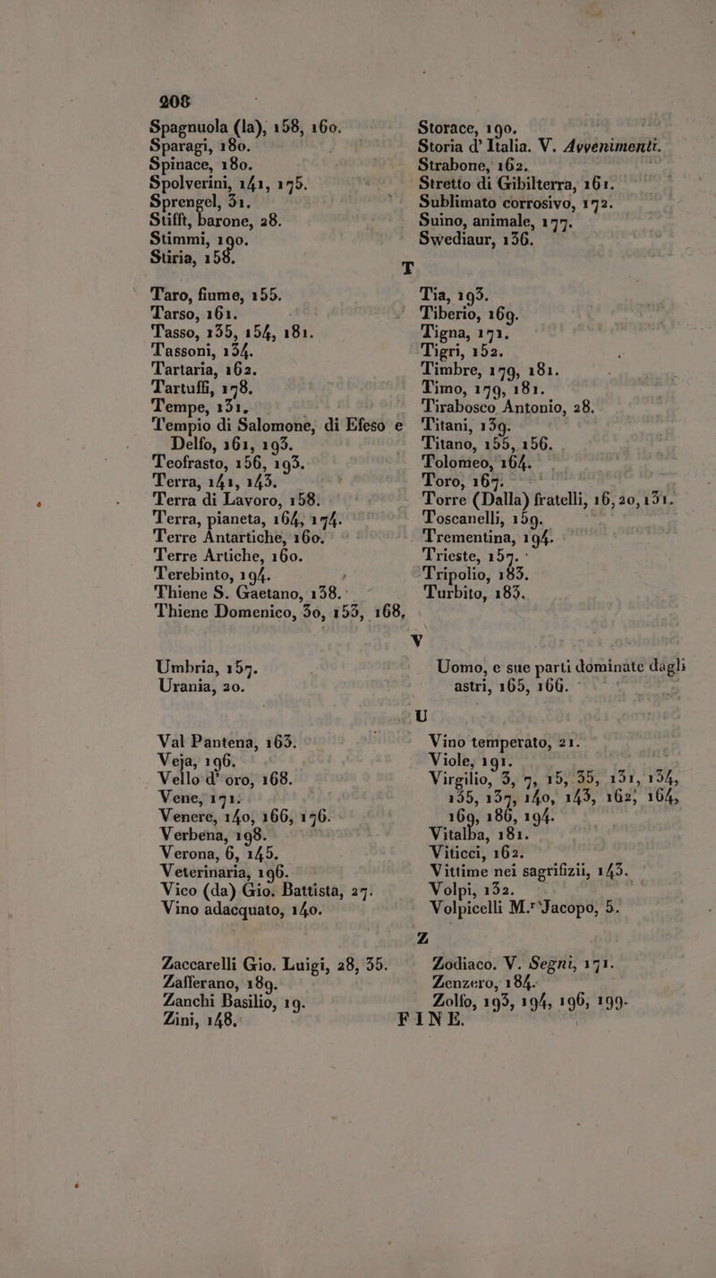 Spagnuola (la), 158, 160. Sparagi, 180. M Spinace, 180. Spolverini, 141, 175. Sprengel, 31. Stifft, Vátont: 28. Stimmi, 190. Stiria, 158. Taro, fiume, 155. Tarso, 161. Tasso, 155, 154, 181. ‘Tassoni, 134. Tartaria, 162. Tartuffi, 178. Tempe, 151. ! Tempio di Salomone, di Efeso e Delfo, 161, 193. Teofrasto, 156, 193. Terra, 141, 143. Terra di Lavoro, 158. Terra, pianeta, 164, 174. Terre Antartiche, 160. Terre Artiche, 160. Terebinto, 194. : Thiene S. Gaetano, 158... - Thiene Domenico, 30, 159, 168, Umbria, 159. Urania, 20. Storace, 190. si ient Storia d' Italia. V. Avvenimenti. Strabone, 162. Sublimato corrosivo, 172. Swediaur, 126. Tia, 195. Tigna, 171. Teri, TUA Timbre, 179, 181. imo, 179, 181. Tirabosco Antonio, 28. Titani, 139. Titano, 155, 156. Tolomeo, 164. . Toro, 165-7 ^^ Torre (Dalla) fratelli, 16, 20,151. Toscanelli, 159. B Trementina, 194. Trieste, 157. Turbito, 183. Uomo, e sue parti dominate dagli astri, 165, 166.00 Val Pantena, 165. Veja, 196. Vello d’ oro, 168. Vene, 171. Venere, 140, 166, 196. Verbena, 198. Verona, 6, 145. Veterinaria, 196. Vico (da) Gio. Battista, 27. Vino adacquato, 140. Zaccarelli Gio. Luigi, 28, 55. Zafferano, 189. Zanchi Basilio, 19. Zini, 148, Vino temperato, 21.‘ Viole, 191. yide Virgilio, 3, 7, 15,35, 151, 154, 155, 137, 140, 145, 162; 164, 169, 186, 194. Vitalba, 181. Viticci, 162. Vittime nei sagrifizii, 143. Volpi, 152. Mt Volpicelli M.* Jacopo, 5. Zodiaco. V. Segni, 171. Zenzero, 184.