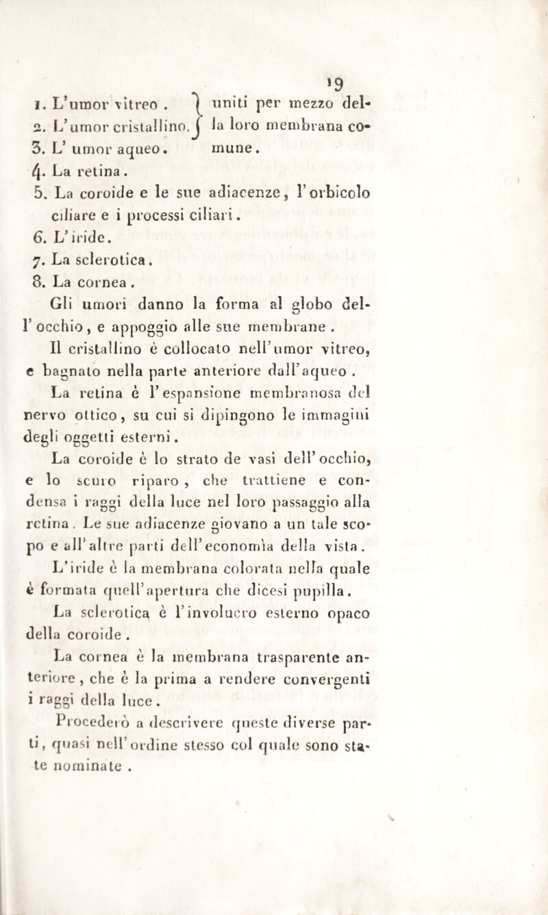 *9 1. L’umor \ It reo . 1 uniti per mezzo del- 2. L’ umor cristallino. J la loro membrana co* 3. L’ umor aqueo. mune. 4» La retina. 5. La coroide e le sue adiacenze, l’orbicolo ciliare e i processi ciliari. 6. L’iride. 7. La sclerotica. 3. La cornea . Gli umori danno la forma al globo del- r occhio, e appoggio alle sue membrane . Il cristallino è collocato nell’umor vitreo, e bagnato nella parte anteriore daH’aqneo . La retina è l’espansione membranosa del nervo ottico, su cui si dipingono le immagini degli oggetti esterni. La coroide è lo strato de vasi dell’occhio, e lo senio riparo , che trattiene e con¬ densa i raggi dtdla luce nel loro passaggio alla retina. Le sue adiacenze giovano a un tale sco* po e all5altre parti dell’economìa della vista. L’iride e la membrana colorata nella quale è formata quell’apertura che dicesi pupilla. La sclerotica è l’involucro esterno opaco della coroide. La cornea è la membrana trasparente an¬ teriore , che è la prima a rendere convergenti i raggi della luce. Procederò a descrivere queste diverse par¬ ti, quasi nell’ordine stesso col quale sono sta¬ te nominate .