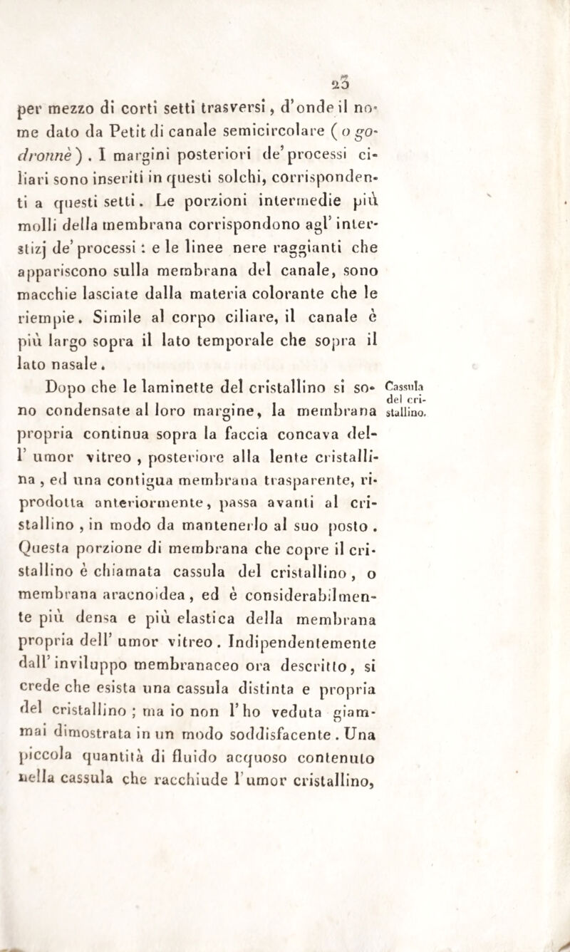 per mezzo di corti setti trasversi, d’onde il no* me dato da Petit di canale semicircolare ( o go- cìi'onnè') . I margini posteriori de’processi ci¬ liari sono inseriti in questi solchi, corrisponden¬ ti a questi setti. Le porzioni intermedie più molli della membrana corrispondono agl5 inter¬ si izj de’processi : e le linee nere raggianti che appariscono sulla membrana del canale, sono macchie lasciate dalla materia colorante che le riempie. Simile al corpo ciliare, il canale è più largo sopra il lato temporale che sopra il lato nasale ♦ Dopo che le laminette del cristallino si so¬ no condensate al loro margine, la membrana propria continua sopra la faccia concava del- 1 umor vitreo , posteriore alla lente cristalli¬ na , ed una contigua membrana trasparente, ri¬ prodotta anteriormente, passa avanti al cri¬ stallino , in modo da mantenerlo al suo posto . Questa porzione di membrana che copre il cri¬ stallino è chiamata cassula del cristallino , o membrana aracnoidea, ed è considerabilmen- te piu densa e più elastica della membrana propria dell’ umor vitreo. Indipendentemente dall’inviluppo membranaceo ora descritto, si crede che esista una cassula distinta e propria del cristallino ; ma io non l’ho veduta giam¬ mai dimostrata in un modo soddisfacente . Una piccola quantità di fluido acquoso contenuto nella cassula che racchiude Tumor cristallino, Cassi» Li del cri¬ stallino.