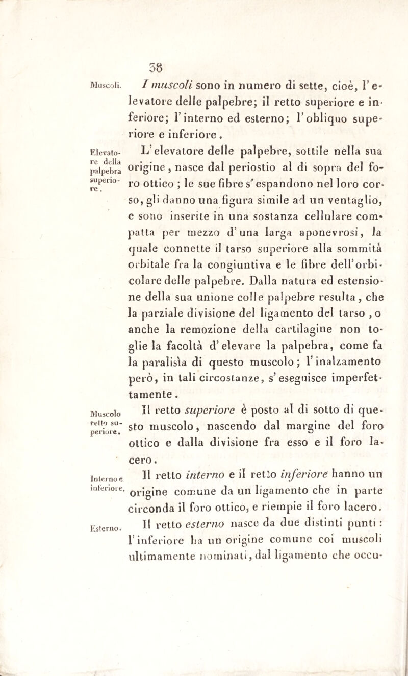 Muscoli. Elevato¬ re della palpebra superio¬ re . Muscolo retto su¬ periore . Interno e inferiore. Esterno. 58 I muscoli sono in numero di sette, cioè, l’e- levatoie delie palpebre; il retto superiore e in¬ feriore; T interno ed esterno; l’obliquo supe¬ riore e inferiore. L’elevatore delle palpebre, sottile nella sua origine, nasce dal periostio al di sopra del fo¬ ro ottico ; le sue fibre s'espandono nel loro cor¬ so, gli danno una figura simile ad un ventaglio, e sono inserite in una sostanza cellulare com¬ patta per mezzo d’una larga aponevrosi, la quale connette il tarso superiore alla sommità orbitale fra la congiuntiva e le fibre dell’orbi- colare delle palpebre. Dalla natura ed estensio¬ ne della sua unione colle palpebre resulta, che la parziale divisione del ligamento del tarso ,o anche la remozione della cartilagine non to¬ glie la facoltà d’elevare la palpebra, come fa la paraìisia di questo muscolo; l’inalzamento però, in tali circostanze, s’eseguisce imperfet¬ tamente . II retto superiore è posto al di sotto di que¬ sto muscolo, nascendo dal margine del foro ottico e dalla divisione fra esso e il foro la¬ cero . Il retto interno e il retto inferiore hanno un origine comune da un ligamento che in parte circonda il foro ottico, e riempie il foro lacero. Il retto esterno nasce da due distinti punti : l’inferiore ha un origine comune coi muscoli ultimamente nominati, dal ligamento che occu-