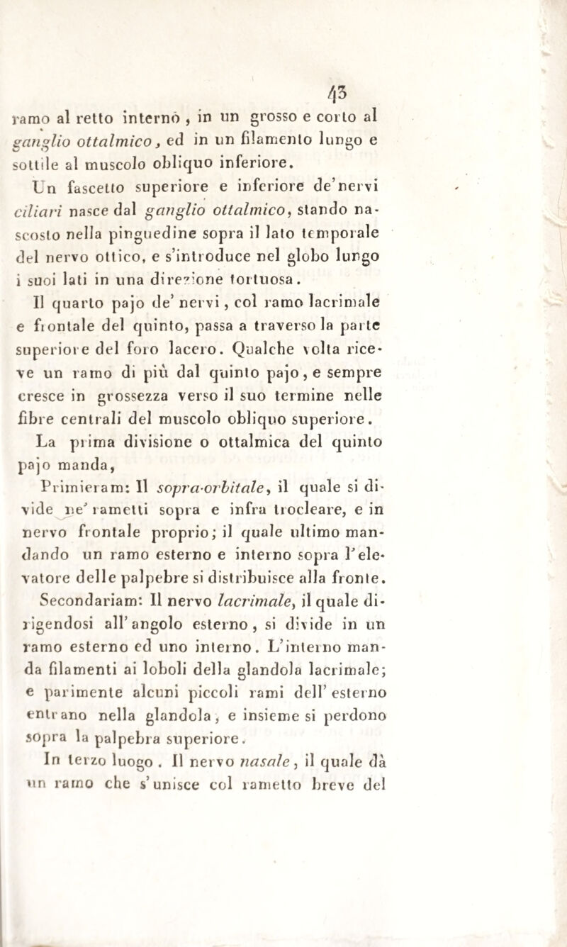 ramo al retto internò , in un grosso e corto al ganglio ottalmico, ed in un filamento lungo e sottile al muscolo obliquo inferiore. Un fascetto superiore e inferiore de’nei vi ciliari nasce dal ganglio ottalmico, stando na¬ scosto nella pinguedine sopra il lato temporale del nervo ottico, e s’introduce nel globo lungo i suoi lati in una direzione tortuosa. Il quarto pajo eie’ nervi, col ramo lacrimale e fiontale del quinto, passa a traversola parte superiore del foro lacero. Qualche volta rice¬ ve un ramo di più dal quinto pajo, e sempre cresce in grossezza verso il suo termine nelle fibre centrali del muscolo obliquo superiore. La prima divisione o ottalmica del quinto pajo manda, Primieram: 11 sopra-orbitale, il quale si di¬ vide ne' rametti sopra e infra trocleare, e in nervo frontale proprio; il quale ultimo man¬ dando un ramo esterno e interno sopra Pele¬ vatore delle palpebre si distribuisce alla fronte. Secondariam*. 11 nervo lacrimale, il quale di¬ rigendosi all’angolo esterno, si divide in un ramo esterno ed uno interno. L’interno man¬ da filamenti ai loboli della glandola lacrimale; e parimente alcuni piccoli rami dell’ esterno entrano nella glandola, e insieme si perdono sopra la palpebra superiore. In terzo luogo . Il nervo nasale , il quale dà un ramo che s’unisce col rametto breve del