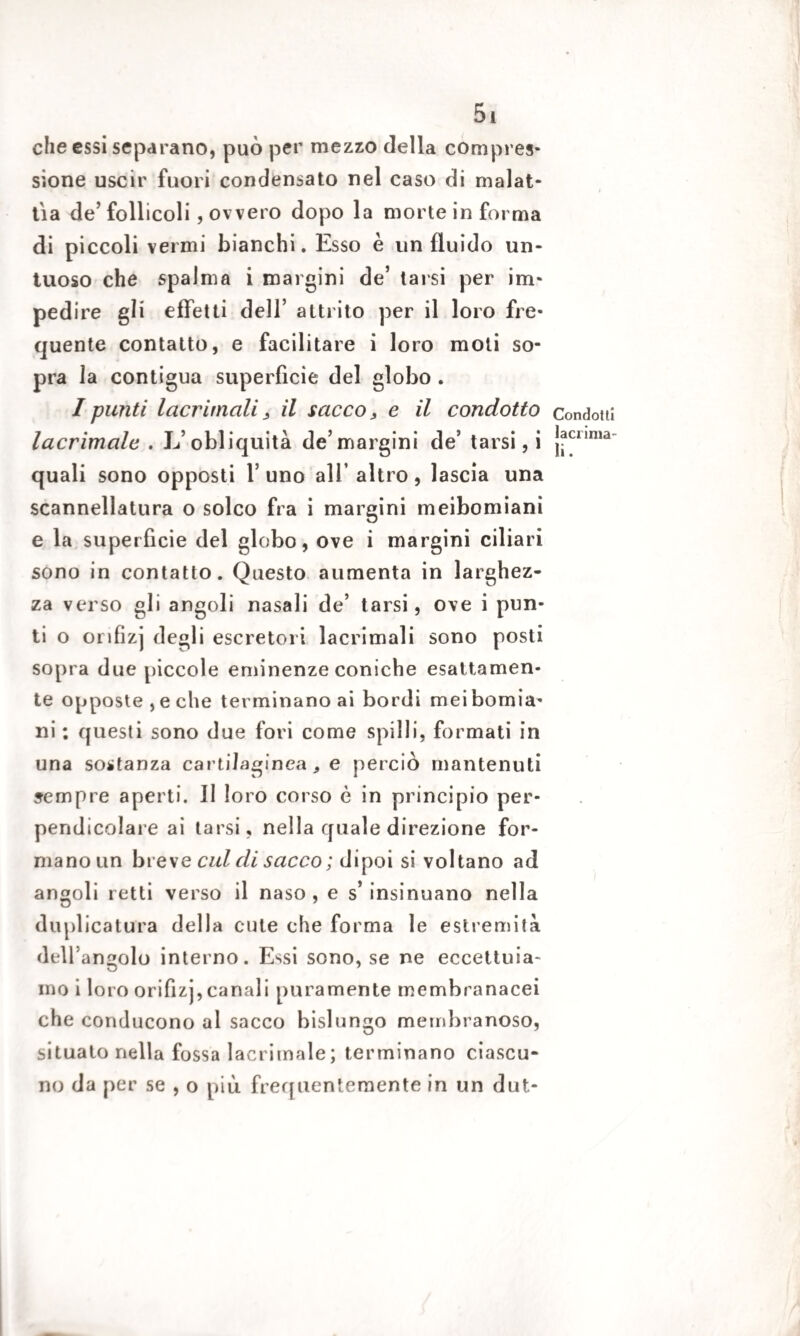 che essi separano, può per mezzo della compres* sione uscir fuori condensato nel caso di malat¬ tia de’follicoli , ovvero dopo la morte in forma di piccoli vermi bianchi. Esso è un fluido un¬ tuoso che spalma i margini de’ tarsi per im¬ pedire gli effetti dell’ attrito per il loro fre¬ quente contatto, e facilitare i loro moti so¬ pra la contigua superficie del globo . Ipunti lacrimali, il sacco, e il condotto lacrimale . L’obliquità de’margini de’ tarsi, i quali sono opposti 1’ uno all’ altro , lascia una scannellatura o solco fra i margini meibomiani e la superficie del globo, ove i margini ciliari sono in contatto. Questo aumenta in larghez¬ za verso gli angoli nasali de’ tarsi, ove i pun¬ ti o orifizj degli escretori lacrimali sono posti sopra due piccole eminenze coniche esattamen¬ te opposte, e che terminano ai bordi meibomia¬ ni : questi sono due fori come spilli, formati in una sostanza cartilaginea * e perciò mantenuti sempre aperti. Il loro corso è in principio per¬ pendicolare ai tarsi, nella quale direzione for¬ mano un breve cui di sacco; dipoi si voltano ad angoli retti verso il naso, e s’insinuano nella duplicatura della cute che forma le estremità dell5 àngolo interno. Essi sono, se ne eccettuia¬ mo i loro orifizj, canali puramente membranacei che conducono al sacco bislungo membranoso, situato nella fossa lacrimale; terminano ciascu¬ no da per se , o più frequentemente in un dut- Condotlì lacrima¬ li.