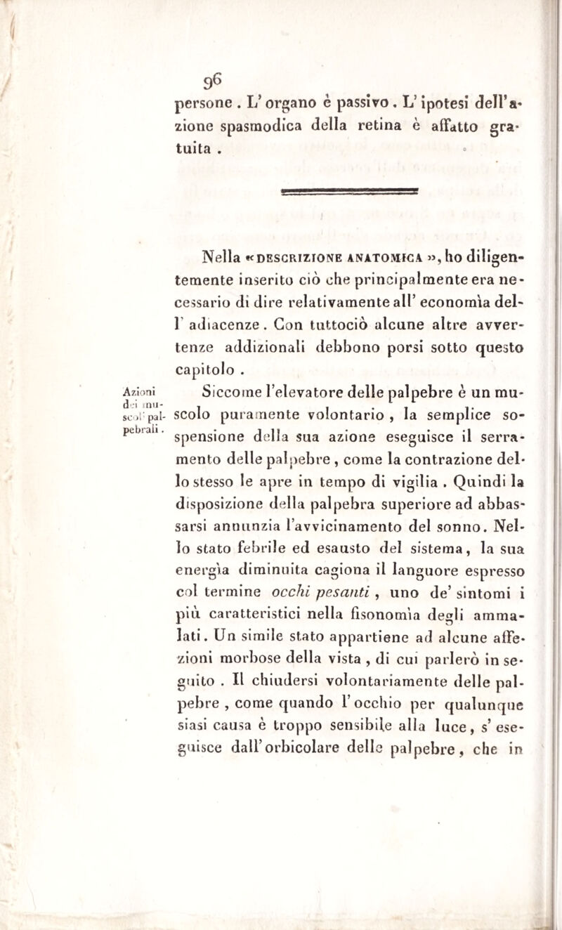 persone . L’ organo è passivo . L’Ipotesi dell’a* zione spasmodica della retina è affatto gra- tuita . Azioni d :i mu¬ sco!' pal¬ pebrali . Nella «descrizione anatomica », ho diligen¬ temente inserito ciò ohe principalmente era ne¬ cessario dì dire relativamente all’ economìa del- 1 adiacenze. Con tuttociò alcune altre avver¬ tenze addizionali debbono porsi sotto questo capitolo . Siccome l’elevatore delle palpebre è un mu¬ scolo puramente volontario , la semplice so¬ spensione della sua azione eseguisce il serra¬ mento delle palpebre , come la contrazione del¬ lo stesso le apre in tempo di vigilia . Quindi la disposizione della palpebra superiore ad abbas¬ sarsi annunzia l’avvicinamento del sonno. Nel¬ lo stato febrile ed esausto del sistema, la sua energìa diminuita cagiona il languore espresso col termine occhi pesanti , uno de’ sintomi i più caratteristici nella fisonomìa degli amma¬ lati. Un simile stato appartiene ad alcune affe¬ zioni morbose della vista , di cui parlerò in se¬ guito . Il chiudersi volontariamente delle pal¬ pebre , come quando l’occhio per qualunque siasi causa è troppo sensibile alla luce, s’ese¬ guisce dall’orbicolare delle palpebre, che in