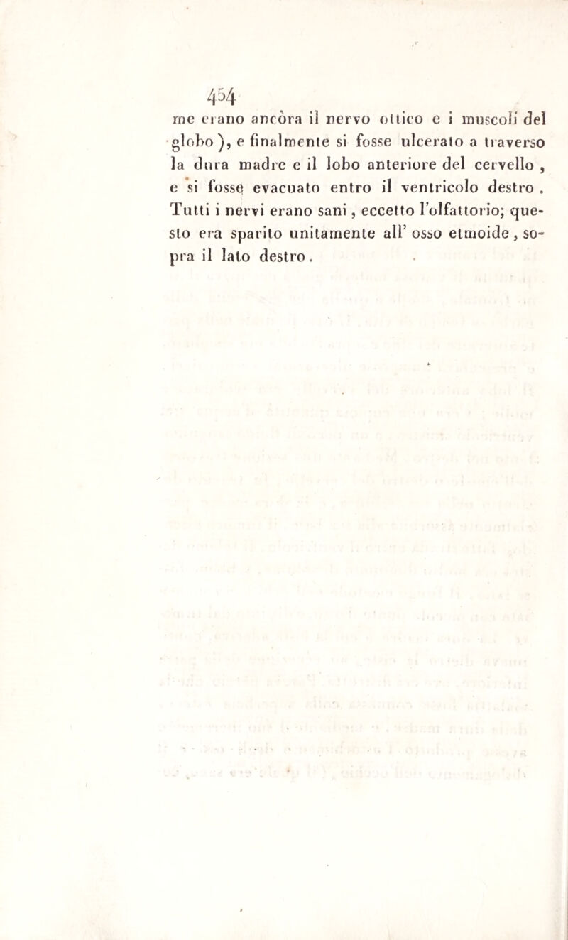 me erano ancóra il nervo ottico e i muscoli del globo), e finalmente si fosse ulceralo a traverso la dura madre e il lobo anteriore del cervello , e si fosse} evacuato entro il ventricolo destro . Tutti i n^rvi erano sani, eccetto l’olfattorio; que¬ sto era sparito unitamente all’osso etmoide, so¬ pra il lato destro.