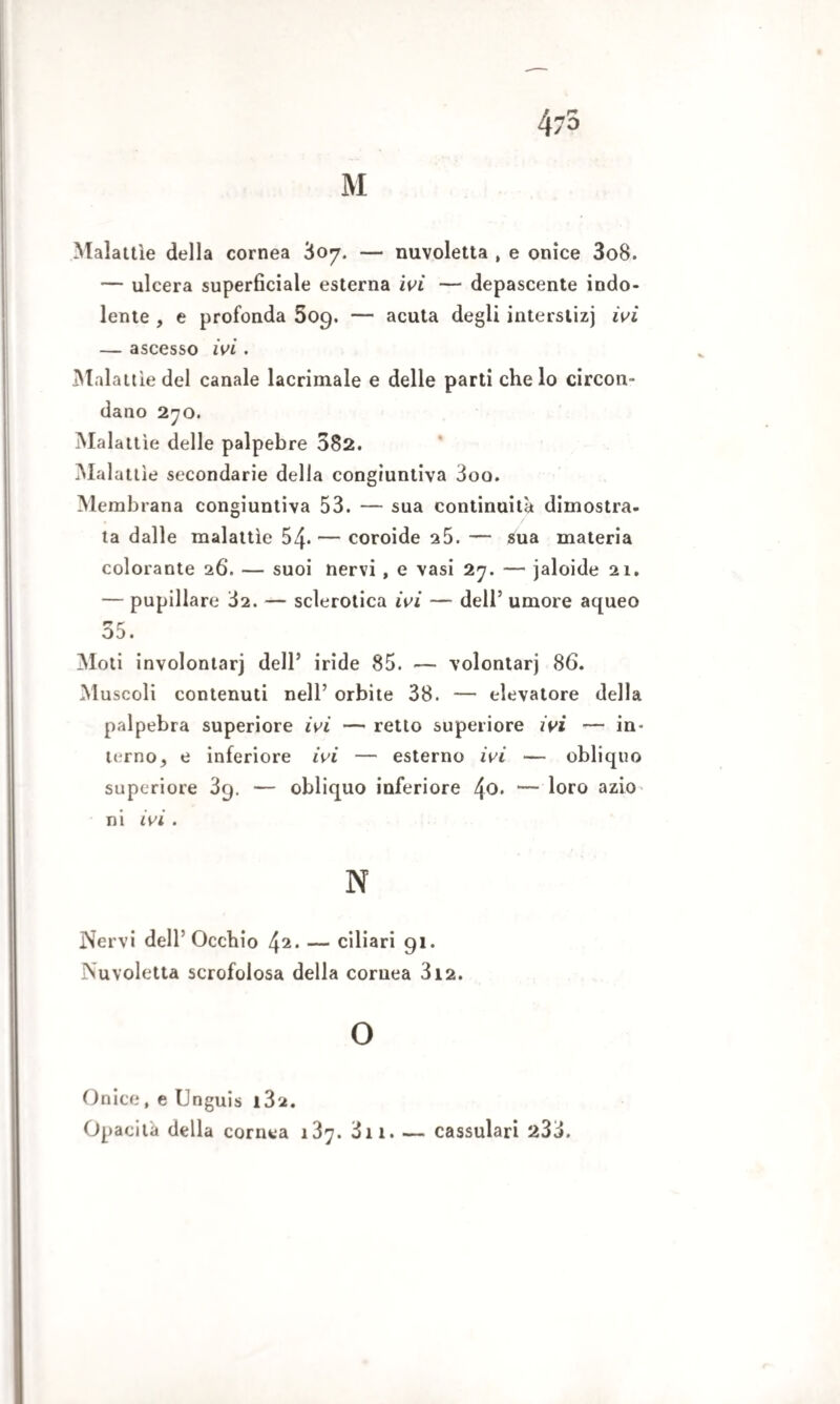 M Malattie della cornea ‘6oy. — nuvoletta , e onice 3o8. — ulcera superficiale esterna ivi — depascente indo¬ lente , e profonda 809. — acuta degli interstizi ivi — ascesso ivi . Malattie del canale lacrimale e delle parti che lo circon¬ dano 270. Malattìe delle palpebre 082. Mala ttìe secondarie della congiuntiva 3oo. Membrana congiuntiva 53. — sua continuità dimostra¬ ta dalle malattìe 54- — coroide 25. — sua materia colorante 26. — suoi nervi, e vasi 27. — jaloide 21. — pupillare 32. — sclerotica ivi — dell’ umore aqueo 35. Moti involontarj dell’ iride 85. — volontari 86. Muscoli contenuti nell’ orbite 38. — elevatore della palpebra superiore ivi — retto superiore ivi — in* terno, e inferiore ivi — esterno ivi — obliquo superiore 39. — obliquo inferiore t\Q. — loro azio ni ivi . N Nervi dell’ Occhio 42* — ciliari 91. Nuvoletta scrofolosa della cornea 312. o Onice, e Unguis i3'2. Opacità della cornea 137. 3ii. — cassulari 233.