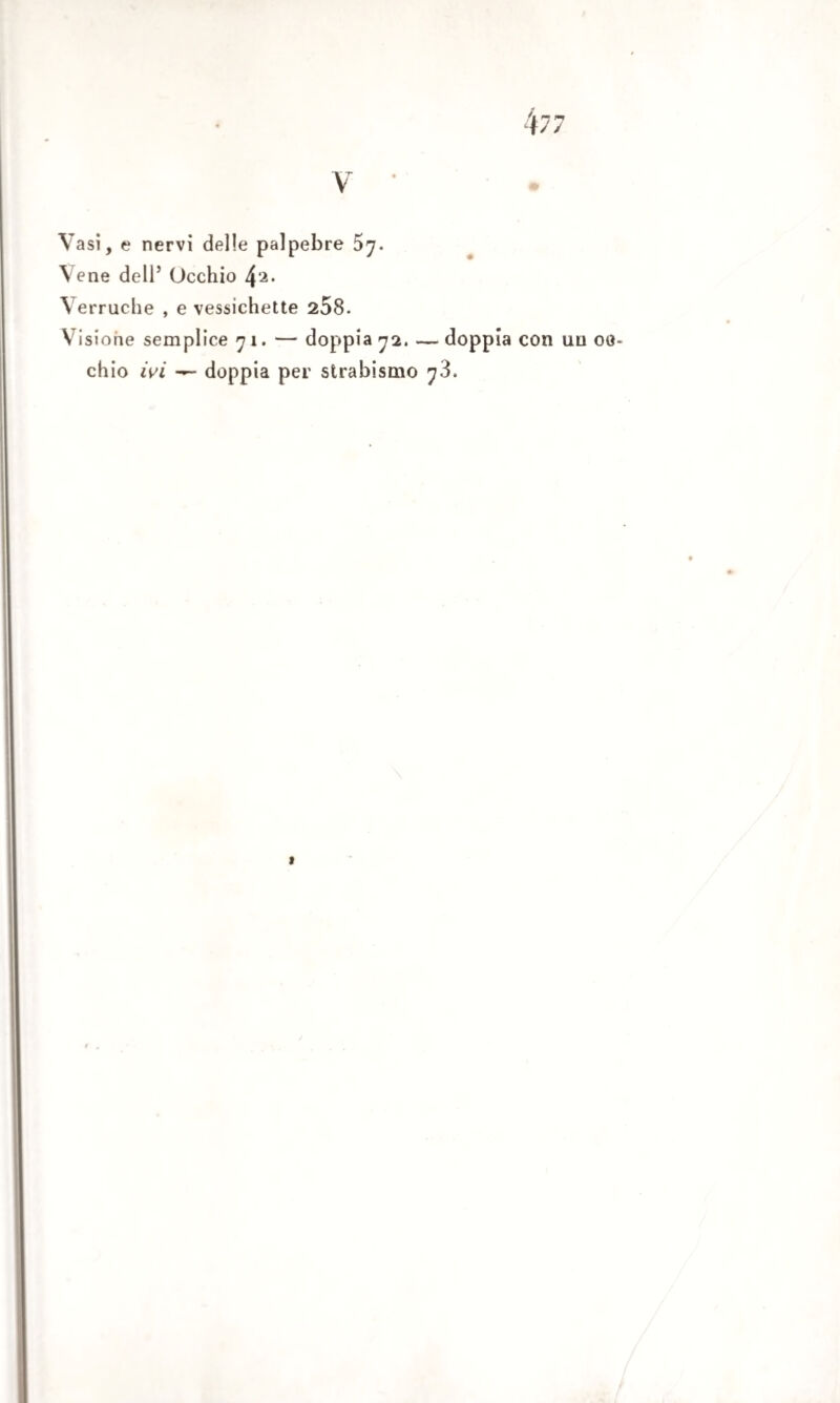 V Vasi, e nervi delle palpebre 57. Vene dell5 Occhio 4a* Verruche , e vessichette 258. Visione semplice 71. — doppia 72. — doppia con un oc¬ chio ivi — doppia per strabismo 73.