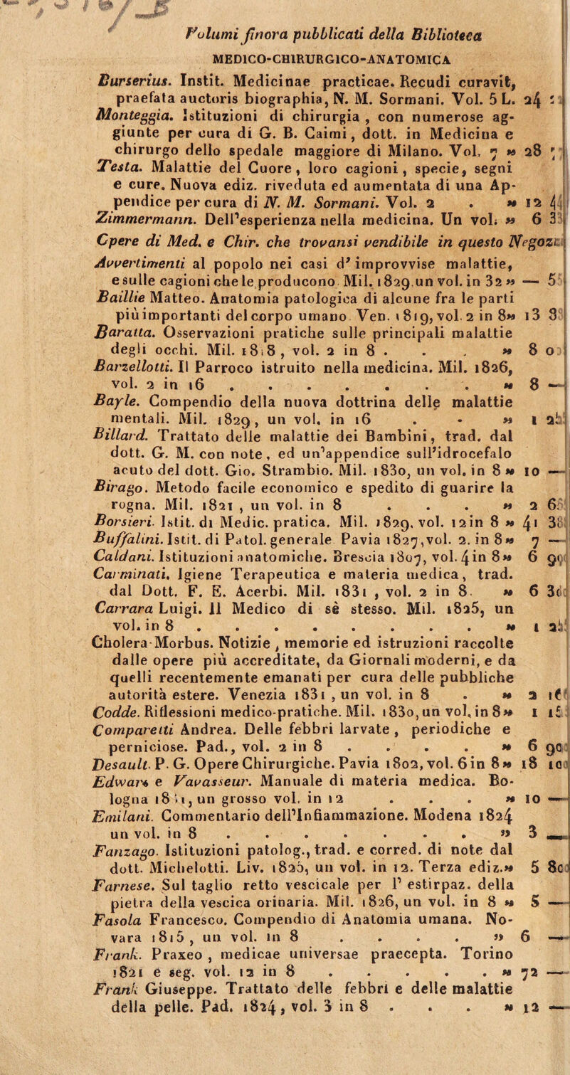 Folumi fmora pubblicati della Biblioteca MED1CO-CH1RURG1CO-ANATOMICA Burserius. Instit- Medicinae practicae. Recudi curavit, praefata auctoris biographia, N. M. Sormani. Vol. 5 L. - i Monteggia. Istituzioni di chirurgia , con numerose ag- giunte per cura di G. B. Caimi, dott. in Mediciua e chirurgo dello spedale maggiore di Milano. Vol, ^ » 28 ' | Testa. Malattie dei Cuore , loro cagioni, specie, segni e cure. Nuova ediz. riveduta ed aumentata di una Ap- pendice per cura di N. M. Sormani. Vol. 2 . *• 12 t\. Zimmermann. DelPesperienza nella medicina. Un vob » 6 3 Cpere di Med. e Chir. che trovansi vendibile in questo Dfegozi j Avvertimenti al popolo nei casi d' improvvise malattie, e suile cagioni che le producono Mil. 1829.un vol. in 32 >» — 5 [ JBaillie Matteo. Anatomia patologica di alcune fra le parti piu importanti dei corpo umano Ven. 1 819, vol. 2 in 8>* i3 0 Baratta. Osservazioni pratiche suile principali malattie degli occhi. Mil. 1818, vol. 2 in 8 . . , »80 Barzelloiti.W Parroco istruito nella medicina. Mil. 1826, vol. 2 in 16 . . . . . . *• 8 - Bayle. Compendio della nuova dottrina delle malattie mentali. Mil. 1829, un vol. in 16 . • m 1 2! Billard. Trattato delle malattie dei Bambini, trad. dal dott. G. M. con note, ed un^appendice sulPidrocefalo acuto dei dott. Gio. Strambio. Mil. 183o, un vol. in 8 » 10 — Birago. Metodo facile economico e spedito di guarire Ia rogna. Mil. 1821 , un vol. in 8 . . . »26. Borsieri Istit. di Medie, pratica. Mil. 1829. vol. I2in 8 » 41 3l Buffalini. Istit. di Patol. generale Pavia 1829,vol. 2.in8»« 7 — Caldani. Istituzioni anatomiche. Bresoia 1807, vol. 4in 8» 6 91 Carminati. Igiene Terapeutica e materia medica, trad. dal Dott. F. E. Acerbi. Mil. 1831 , vol. 2 in 8 m 6 3( Carrara Luigi. 11 Medico di se stesso. Mil. 1825, un vol. in 8 . . . . . . . »»i ai5 Cholera Morbus. Notizie t memorie ed istruzioni raccolte dalle opere piu accreditate, da Giornali moderni, e da quelii recentemente emanati per cura delle pubbliche autorita estere. Venezia 1831 ,un vol. in 8 . m 2 ib Codde. Ritlessioni medico-pratiehe. Mil. t33o, un vol, in 8* 1 11 Compareiti Andrea. Delie febbri larvate , periodiche e perniciose. Pad., vol. 2 in 8 . . . . n 6 90 Desault. P. G. OpereChirurgiche. Pavia 1802, vol. 6in 8» 18 10 Edwar* e Vavasseur. Manuale di materia medica. Bo- logna 18 '.i, un grosso vol, in 12 . . . ** 10 *—-] Emilarii. Commentario delPlnfiammazione. Modena 1824 un vol. in 8 . . . . . . »3 Fanzago. Istituzioni patolog., trad. e corred. di note dal dott. Michelotti. Liv. 1820, un vol. in 12. Terza ediz.w 5 8c Farnese. Sui taglio retto vescicale per P estirpaz. della pietra della vescica orinaria. Mil. 1826, un vol. in 8 *» 5 —■ Fasola Francesco. Compendio di Anatomia umana. No- vara 1815, un vol. in 8 . . . . f» 6 — Frank. Praxeo , medicae universae praecepta. Torino »821 e seg. vol. 12 in 8 . . . . . « 72 — Frank Giuseppe. Trattato delle febbri e delle malattie della pelle. Pad. 1824» vol. 3 in 8 . . h 12 —