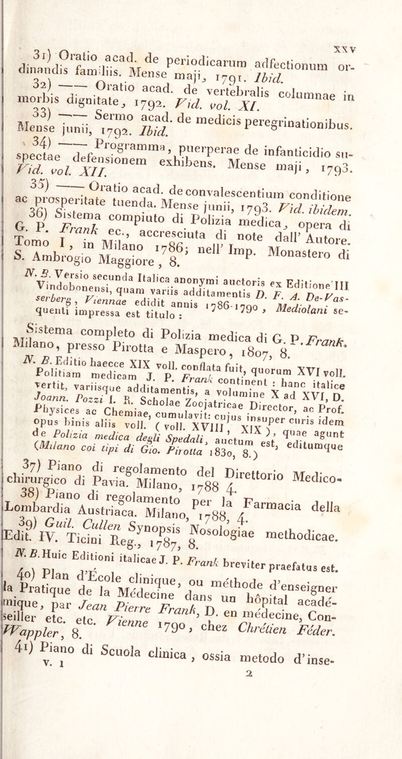 diSdi^a^eP“^ic9™ ?£lionum or' morbis dignitate j 1792. FuC^lTt'.* C°ll'mnae ln M ■ •• ^ermo acad. dc medicis peregrinationibus Meuse jun», i7g2. Ibid. V b uodjDus. spe3ciL~d7f^°gramma’.PLerperae de infanticidio su- Hu II  exh,bens- Mense «aji, I793. G. P SJS eTP ° di P°'T medica^ «Pem di Tomo I, in MilanoC^esfiUta mi”0*6 dal1’ Au tore. S. Ambrogio Maggiore 8 ’ ^ mf>' Monastero di *tberfi\ V^nnae edidit anuis 1786-inno AWo/ • quenti impressa est titulo : 7 79 > Medlolam se- *rtirfx %p-^- *«?£» tZam J T rflata fuit- <1-™- XVI VOIL vertit, variisque adddatLS a T ^ *'«»<=• ^oa«rt. />0221 1 R Jhl 7 . eXad XVI, D. f Pices ac CheSi.t ct uSX^r £ot X^VI“ ’ , X1 > V-eVguTt <*«•• «i 4Sa',830 s1)*81’ editmtiue cl‘“Jfl^di PaviagMi 1788 4.irelt0ri° MeC,iC°' iLombardia Austria^Mdano, T788* 4Farmacia de),a 8OS°l°sL -^e. ’ ^ 4-0! iU'rX ; ** ^ praefatus est. / \ ni ^‘cvicer praelatus est. inique, par Jean Pierre Frnnk Vi p'tal acade* ieiller etc pip zzy 5 G- aa medecine, Con- Wappler] 8. ‘ I79°’ chez C/W*'e« Perfer.