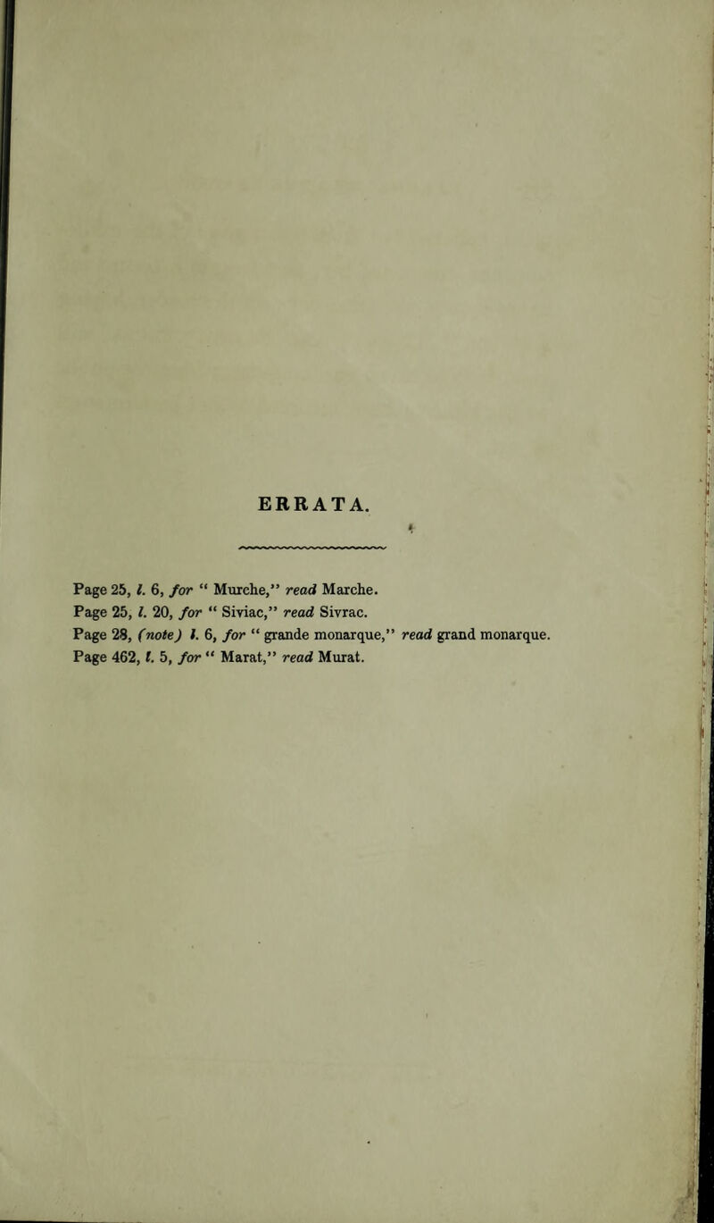 ERRATA. * Page 25, l. 6, for “ Murehe,” read Marche. Page 25, l. 20, for “ Siviac,” read Sivrac. Page 28, (note) l. 6, for “ grande monarque,” read grand monarque. Page 462, l. 5, for “ Marat,” read Murat.