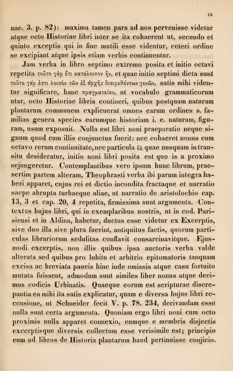 το κάτω πρώτον, 8 καλούσι . . . χειμώνα, του 8’ ήρος ύποφαίνοντος τούτο μέν ταπεινοΰσθαι το δ’ άνω τδ εδώδιμον αύςάνεσθαι. και τά μεν τοιαύτας έ'χει τάς διαφοράς. 12st. Cap.XIV. Ιδια δέ και ταύτα εν τοις ποιώδεσιν, οΓον τό τε έπί του άδιάν- του συμβαΐνον* ουδέ γάρ υγραίνεται τδ φύλλον βρεχδμενον ουδ’ έπίδροσον έστι διά τδ μή την νοτίαν έπιμένειν οθεν καί ή προςηγορία. γένη δέ αυτού δύο. τδ μέν λευκδν τδ καί τριχομανές καλούμενον, τδ δέ μέλαν, χρήσιμα δ’ άμφό- τερα πρδς εκρυσιν κεφαλής τριχών έν έλαίω τριβόμενα. φύεται δέ μάλιστα πρδς τά ύδρηλά. ως δέ ούονταί τινες καί πρδς στραγγουρίαν τδ τριχομανές ποιεί* εχει δέ τδν καυλδν δμοιον τού άδιάντφ τω μελάνι, φύλλα δέ μικρά σφο¬ δρά καί πυκνά καί πεφυκοτα κατ αντίκρυ άλλήλων, ρίζα δέ ούχ ύπεστι* χωρία •2. οέ φιλει σκιερά, των οε κατα μέρος ανιΙουντων ίδιον το περί το ανθεμον οτι των μέν άλλων πάντων τά κάτω πρώτον άπανθεΐ τούτου δέ τά άνω* τυγχάνει θ’ αύτου τδ μέν κύκλω τδ λευκδν άνθος τδ δέ έν τω μέσω τδ χλωρόν* καί καρ- πδς ος εκπίπτει καθάπερ τοΐς άκανθώδεσι καταλιπών την πρόςφυσιν κενήν* είδη 3. 14 Η. ο αυτού πλείω. ίδιον δέ καί τδ περί την άπαρίνην ή καί τών ίματίων άντέχε- ται διά την τραχύτητα καί έστι δυςαφαίρετον έν τούτω γάρ έγγίνεται τω τρα- χει τδ άνθος ού προϊδν ουδέ έκφαΐνον έλλ5 έν έαυτω πεττόμενον καί σπερμο- πρώτον ο καλονσι . . . χειμό] Lacunam in¬ dicavi; continuo scripta exhibent UM Aid.; d —Χ^ιμ. seclusitSch.; idem in Syll. πρώ¬ τοι . . . κατά χειμ. correxit; πρώτον κατά χειμ. Η. St. Si verba 6 καλούσι genuina sunt, excidisse aliquid apparet; alioquin in Heinsii scriptura a Dalecampio profecta ac¬ quiescere licet. ύποφαίνοντος τούτο] UM Aid. Sch.; νποφ. τού ίου, τούτο Η. St. e Plinio 19 s. 30. Cap.XIV. οΐον] UMP Sch.; om. Aid. Edd.; ως το έπΐ St. βρεχόμ&νον] άεχόμενον P2. ovd’ ίπίάροσόν ίστί] dedi e conj.; orcf επί¬ ζηλον έστι U P2 M Aid. Sch. ; ο μεν ίπίάη- λόν Ια τι H. St.; nec quicquam adhaesisse humoris constat G. Schn. Aldinae scri¬ pturam sufficere putat, modo addatur ia se¬ quentibus negatio. At quid novi inest ver¬ bis ovd' ίπίόηλόν ίστ i? Dein ον de ab initio positum monstrat alterum sequi quod ad eandem rem explicandam faciat. Quo nihil aptius quam έπίάροσον. Quod si offendis in vocabulo novo, poteris ένό'ροσον substituere quod Lexica habent: quanquam non video cur ίπίάροσον Graecos dixisse negemus, cura ένό'ροσον dixerint. 70 μη την νοτίαν επιμ.] dedi de conjectura; necessario enim addenda est negatio, quam ante την excidisse verisimilius est, quam post νοτίαν ubi Sch. suppleri eam voluit. το την νοτίαν επιμ. Ρ2 Aid. Η.; τό την νο¬ τίαν [ονκ] ίπιμ. Sch. τό και τριχομανές καλούμενον] Haec verba, quae in libris non extant, auctore Schneidero addere non dubitavi; sequentia enim haec scripta olim fuisse ostendunt. Sch. voluit ϊόϊως τριχ. καλ. εκρυσιν] UMP2 Sch.; έκφνσιν Aid. Edd. φύεται] St. Sch.; nascuntur G.; φνε- σ&αι P2 Aid. H. ποιεί' εχει] H. St. Sch.; ποιείν* έχειν UM Aid.; ποιείν’ εχει P2. κατ’ αντίκρυ] Ρ2 ; καταντικρύ Aid. Edd. υπεστι] U, Sch. e conj.; νΰέστη Aid.; radicem minimam G. ®· πάντων τά κάτω\ παντ. idiov τό κάτω Aid. Edd.; Sch. ί'όϊον seclusit, equidem omisi ut e proximis huc illatum. — Dein άν&είν St,, quod probat Sch. Ceterum άπ- ανΰείν Aid. H. quod correxit Sch. — Paullo ante τον ανθεμον U. τό λευκόν — τό χλωρόν] Utrumque τό seclusit Sch. Non ausiin quidquam mutare; fortasse tamen utrobique ov scriptum fuit. — μέσω χρνοουν St. καί καρπός ος έκπ.] Haec parum dextra, ut a suspicione vitii vix queant vindicari; καί 6 καρπός mavult Sch., ός delevit Dalec. Pro καταλιπών dedit καταλείπει St. εί'άη d'1 αυτού] Aid. Edd. ; d om. UM. 3· άπαρίνην] άσπρίνην P« .