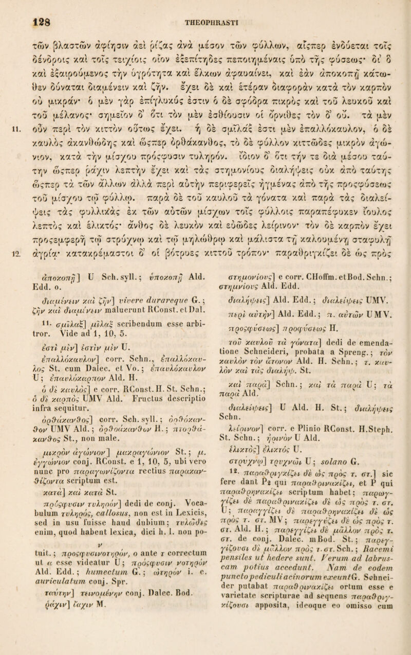 4. καί λοπιζόμενος ούτως έκδερεται, έκείνως δ’ επίτομος γίνεται καί ου δυναται* μέρος ο’ αυτού τι τον αύτδν τρόπον άφαιρειται κατά πάχος σχιζόμενον λεπτόν ώς άν φύλλον, το δε λοιπόν προςμένειν τε δυναται και σώζει τό δένδρον ώςαύ- τως περιπεφυκός. περιαιρουμένου δέ όταν λοπα του φλοιού συνεκραινει και τότε τήν υγρότητα* και όταν ό έςω χιτών περιαιρετή μόνον ο υπολιπής έπιμε- λαίνεται ώςπερ μυςώδει υγρασία και πάλιν ύποφύεται τιυ δευτέρω ετει χιτών άλλος άντ’ εκείνου πλήν λεπτότερος, πέφυκε καί τό ςύλον ομοιον ταις ίσί τού φλοιού στρεπτω έλιττομένορ* καί *οί ράβδοι φύονται τον αυτόν τρόπον ευθύς* τούς όζους ο αύςανομένου συμβαίνει τούς μεν κάτω αεί άπολλυσθαι τούς δ’ άνω αύςειν. τό ο δλον ου πολύοζον τό δένδρον άλλ’ άνοζότερον πολύ της αί- γείρου. πολύρριζον δέ καί έπιπολαιόρριζον ούκ άγαν δέ παχύρριζον* ή ο επι¬ στροφή καί τής ρίζης καί του φλοιού του περί αυτήν ή αυτή, άνθος δέ λευ¬ κόν άπίω καί μεσπίλη ομοιον έκ μικρών ανθών συγκείμενον κηριώδες, δ δέ καρπός ερυθρός όμοιος διοςπύρορ τό σχήμα τό δέ μέγεθος ήλίκον κύαμος, πλήν τού διοςπύρου μέν δ πυρήν σκληρός τού δέ κεράσου μαλακός, φύεται ο όπου καί ή φιλύρα, τό δέ δλον όπου ποταμοί καί εφυδρα. φύεται δέ καί ή ακτή μάλιστα παρ’ ύδωρ καί έν τούς σκιερούς, ου μήν αλλά καί εν τοις μή τοιούτοις* θαμνώδες δέ ράβδοις έπετείοις αύςανομέναις μέχρι τής φυλλορροίας εις μήκος όντως] Aid.; ούτος e corr. U. εχείνως d° επ.] corr. Schn.syll.; εχείνος Aid. Edd. et e corr. U; εχείνος' άλλως cF£ in. Schn. in cont. In libro Vinar. εχρίνος scriptum unde Coraes conjecit ενχ 2· γίνεται — άφ αιρείται] UMV γίνεται’ —μέρος αν τον — άφ αιρείσΟ-αι Aid. Edd. o.; ov i. u. Sch.cont.; d’ solus dat U. προςμένειν] προμένειν St. — idem post πάχος addidit άλλα. σώζει] UMV Sch.syll.; σώζειν Aid. Edd. o. ώςαντως περιπεφ υχός] ώς- αυτός περιπε- φ νχώς St. λοπα] corr. Schn.; λοιπά, ι in rasura U; λοιπούς MV; λοιπά Aid.; λιπα auctore Sca- lig. H. St. et Vo. σννεχραίνει χαί τότε την υγρότητα] Aid.; την υγρότητα U quoque habere adnotatum. σννεχρέει τότε χαί η νγρότης correxit Schn. νπολιπης] UMVSch.; νπολειπηςAid. Edd. ■— Dein μιξώιϊει P. Ιπιμελαίνεται ώςπερ] Schn. e conj.; i. περ MV; επιμελαίνεταί πως Aid. H. St. ετει] UP Bas. Schn.; ετι Aid. Cam. II. St. λεπτότερος] οντος add. St. — Aid. et H. post πέφνχε incidunt, tffi] είσί M. στρεπτω ελιττομένωj Aid.; στρεπτω ε>·ιτ- τομένωι U; στρεπτω ελιττόμενον Η. St.; στρεπτόν χαί ελιττόμενον Schn.cont. In Auct. idem ομοίως τω φλοιω ταϊς ισί στρε¬ πτόν χαι ελιττόμεν. vel στρεπτώς έλιττόμε- νον scribendum esse conjicit. ρινως. Sch.syll.; cT’ αυξανόμενου] άέ quod est in Aid. Edd. om.MV; αν'ξανομένον scripsi e conj.Schnei- deri in Auct.; αυξανόμενους MV Aid. χάτω] Vo.; corr. Seal. H. St. Sch.; χαί τώι UM; χαί τω Aid. αν'ξειν] αυξανόμενους V. 3 η cT επιστροφή] U Sch.syll.; ή άέ στροφή Aid. Edd. χηριώάες] II. St. Sch. ex Athenaeo ; χη- ρώό'ες UMV Aid. ηλίχον] U Sch.syll.; ήλίχος Aid. Edd. πνρην — μαλαχός] Dal. conj.; πυρην μα- λαχός—χεράσον οχληρός. φιλύρα] U ; φιλύρα Aid. Edd. όλων όπου] ο/ον υλον Η. εφνάρα] U Sch.syll.; ενυόρα ceteri. 4 άχτη] Aid. Edd. Eundem accentum ex U·notatum reperio C. 1, 1, 4, ac praebent loci Hippocratis et Galeni laudati aLoheckio Paralip. 327. Ac cum eo convenit adjecti¬ vum άχτινος 5, 3, 3. Sch. hic et ubique άχτη scripsit. τοίς μη τοιούτοις] U et cum G. Seal. RConst. II. St. Sch.; μη om. Aid. d-αμνώάες di] dedi de conj. Schneideri in Auct.; ΰαμνώύ'ε, sequitur rasura super¬ scripto σι dein τε U; &αμνώό'εις τε MV; ίλαμνώόης Aid. Edd. ανξανομέναις] UMV Sch.syll.; ανξανο- μένη Aid. Edd. φυλλορροίας] Aid. Edd.; φυλ οροίας U; φ νλορροίας Schn.