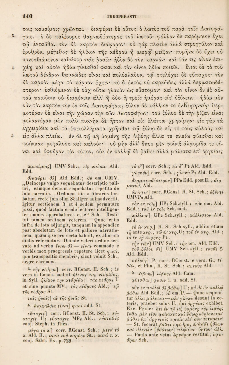 όπωδών των δε καί δακρυώοης γίνεται καΟάπερ ελατής πεύκης τερεβίνθου πίτυος αμυγδαλής κεράσου προύμνης άρκεύίίου κέδρου της άκάνΟης της αίγυ- πτίας πτελέας, και γάρ αυτή φέρει κόμμι πλήν ούκ εκ του φλοιού άλλ’ εν τω V <> λ *> } αγγείο), ετι δε άφ’ ών ο λίβανος καί η σμύρνα, δάκρυα γάρ και ταυτα, και τό V βάλσαμον και ή χαλβάνη καί εΓ τι τοιούτον έτερον ο ιόν φασι την άκανΟαν την ινδικήν άφ5 ής γίνεται το ομοιον τη σμύρνα* συνίσταται δέ καί επί τής σχίνου καί επί τής άκάνθης τής ιςίνης καλουμένης, ές ών ή μαστίχη. άπαντα δέ ταυτα εύοσμα καί σχεδόν δσα πιοτητά τινα έχει καί λίπος* δσα ο άλιπή ταυτα δ’ άοσμα κα.Βάπερ το κόμμι καί το τής αμυγδαλής. έχει δέ δάκρυον καί ή ίςία ή εν Κρήτη καί ή τραγάκανΟα καλουμένη* ταύτην δέ πρότερον (δ ο ντο μόνον εν Κρήτη φυεσθαι νυν δέ φανερά καί εν 5Αχαιοί τής ΙΙελοποννήσου καί άλλοθι καί τής 3Ασίας περί τήν Μήδειαν, καί τούτων μέν πάντων έν τε τοις καυλοΤς καί τοις στελέχεσι καί τοις άκρεμόσι το δάκρυον* ένίων δ3 έν ταίς ρί- ζαις ώςπερ τού ίπποσελίνου καί τής σκαμυ,ωνίας καί άλλων πολλών ισαραακω- i i I I i i ι δων. των δέ καί έν τιΰ καυλώ και έν τη ρίζη* καί γάρ τον καυλόν όπίζουσιν > οπωώών] όηού'ών superscripto ω Pz . τερεβίνθου] Ρ2 Sch. syll. ; τερεμίν!) ον U Μ, τερ μίνίλον Aid. U. St.; therebintho G. Utrum 7ερέβινθος an τερμινΟος in Theo¬ phrasto scribendum sit vix dijudicare licet: codices utramque formam tuentur. Hanc antea praeeunte Niclasio ad Geopon. p. 751 susceperat Sch., sed in Auctario mutata sententia alteram amplexus est, in eo tamen falsus quod pluribus locis 'Urbinatem sic scriptum exhibere asserat. Imo uno tantum loco 3, 15, 3 U praebet τερεβίνθων sed li- tera μ superscripta correctum. Ceterum Hesyehio, Etymol. M. et Pbot. Lex. testan- tibus Atticis aliud plantae genus, ab arbore rem ni fera diversum, τέοσινθος audiebat. άμνγώαλτς] Sch.; άμνγάάλης Ρ·2 Aid. Edd. προύμνης] UMP* St. Sch.; 7τρούνης Aid. II. της άκάνθης] της ακάνθου Ρ·2. πτελέας] sic transposuit Sch. ex emenda- tioneTob. AldiniDescr. plantar. rarior, horti Carnes, p. 22.; in P* Aid Edd. post ίάάρου legitur. Etenim quae sequuntur ulmo qui¬ dem sed non acaciae conveniunt. αγγείο)] II. St. Sch.; άγείω P? Aid.; ((λοιον άλλ’ εντός. εν αγγείο) ύ'ε σνλίπγε- t(u St., extremis a Salmasio petilis, qui in Exerc. p. 37G aut εγγείω scribere aut σνλ- /■έγ<·τια addere jubet, ingeniosa profecto conjectura Sch. suspicatur pro αγγείω scri- j»tum fuisse κωρνκω (cf. 3, 14- 1 ; sic audi¬ unt protubcrantiae capsulilormes vel bacci- formes in foliis ulmi), unde Plinium 13, 11 s. 20 ulmo etiam in Coryco monte Ciliciae cum gravi errore scripsisse. V Χα'Κβ·\ St. Scii.; η om. Aid. ΙΕ; η βαλ- βάνη Ρ·2 . τβ σμύρνα] Ρ·2 Sch.syll.; τβ σμύρνα U; την σμύρναν Μ; τβ σμύρνη Aid. Edd. ο. ιςίνης] Ρ·2 Aid. St. Sch.; ϊξίνας Μ; ϊζί- νης II. έζ ών] εξ ης St. 3· τηότητά τινα] πιότητα τινα Aid. λίπος] Aid. Sch.; λίπος Η. St. αμυγδαλής] Sch. ; άμυγό'άλης Aid. Edd. Sch. i. u. addit όάκρυον. Κρητ>]] καλόνμύvi] addit Ρ·2. πρότίρον] UMP2 Sch.; πρώΥοιΆΜ.Edd. — 1)ein (atro St.; coov το P2. Πελοπόννησον] πελοπονήσου U; πελοπο- νύ]σσου altero v superscripto P*. την Μηιϊ.] UMP Sch.; την om.Aid.Edd.; την Μήό'ειον P*. άκρεμόσι] άκρέμοσι Aid. Edd. ο.; άκοέ- μοσιν et antea στελέχεσιν P*. ΰάκονον] όάκονον ώςπερ ένιον άλλων, τινών ΰέ έν ταίς ρίζαις Ρ*. τού Ιπποσελίνου ] 11. St •; τον ιπποσελύ]νου Aid.; το ίπποσελίνου Ρ 2 ; το νππόαελίνου UM; ιό 7ον ιπτιοσ. Sch.syll. σκαμμωνίας] 1*2 Aid. II. St. Sch.syll.; σκαμωνϊας M Sch.cont. άλλων πολλών] UMP Sch.; <i. ιών π. Aid. 11. St. ιών dej Aid. Edd.; και τώνώε Μ.