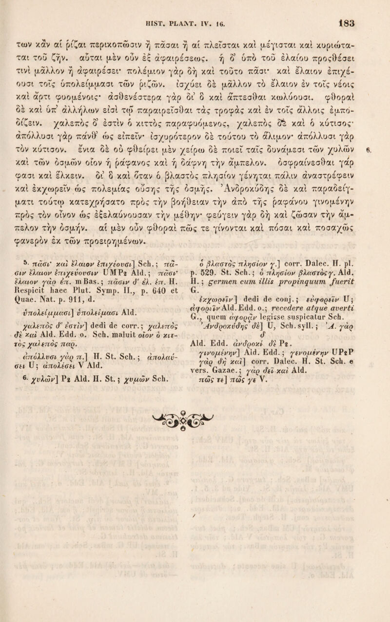 158 / THEOPHRASTI 4. 5. 6. δέκα πήχεις* φύεται δε υπέρ της γης αυτής πλαγίας ρίζας εις τον πηλόν καθ- ιεισα λεπτάς και πυκνάς, άνω δε τους πάπυρους καλουμένους τριγώνους, μέ¬ γεθος ώς τετραπήχεις, κόμην έ'χοντας άχρειον ασθενή καρπόν δε ολως ούδένα* τούτους δ’ άναδίδωσι κατά πολλά μέρη, χρώνται δέ ταις μεν ρίζαις αντί ξύ¬ λων ου μόνον τω κάειν αλλά καί τού σκεύη άλλα ποιεΤν έξ αυτών παντοδαπά* πολύ γάρ-εχει το ςύλον καί καλόν, αυτός δέ 6 πάπυρος προς πλεΐστα χρήσι¬ μος* καί γάρ πλοία ποιουσιν εξ αυτού καί έκ τής βίβλου ιστία τε πλέκουσι καί ψιάθους καί έσθήτά τινα καί στρωμνάς καί σχοινιά τε καί ετερα πλείω. καί εμφανέστατα δή τοις έςω τά βιβλία* μάλιστα δέ καί πλείστη βοήθεια προς την τροφήν απ’ αυτού γίνεται, μασώνται γάρ άπαντες οί έν τη χώρα τον πάπυρον καί ώμον καί έφθόν καί οπτόν καί τον μέν χυλόν καταπίνουσι τό δέ μάσημα έκβάλλουσιν. ό μέν ούν πάπυρος τοιούτός τε καί ταύτας παρέχεται τάς χρείας, γίνεται δέ καί έν Συρία, περί την λίμνην έν η καί ό κάλαμος ο ευώδης* οθεν καί Αντίγονος εις τάς ναύς έποιεΐτο τά σχοινιά, τό δέ σάοι φύεται μέν έν τω ύδατι περί τά ελη καί τά πεδία έπειδάν ό ποταμός άπέλθη, ρίζαν δέ εχει σκληράν καί συνεστραμμένην, καί έξ αυτής φύεται τά σαρία καλούμενα* ταύτα δέ μήκος μέν ώς δύο πήχεις πάχος δέ ήλίκον ό δάκτυλος ό μέγας τής χειρος* τρίγωνον δέ καί τούτο καθάπερ ό πάπυρος καί κόμην εχον παραπλήσιον. μα- σώμενοι δέ έκβάλλουσι καί τούτο τό μάσημα, τη ρίζη δέ οί σιδηρουργοί χρών- ται* τον γάρ άνθρακα ποιεί χρηστόν διά τό σκληρόν είναι τό ξύλον τό δέ νπερ τής γης αντής] Varia conati sunt in¬ terpretes in hoc loco. Jos. Scalig. ad Gui- landin. de Papyro p. 27 corr. νπερ της γης αντη, πλαγίας — καίΗείσα. λεπτούς όε καί 7τνκνονς άνω τους παπύρους. Salm. Ex. ρ. 37 φύει (ϊε νπ'ο της γης αντη. Schn. con¬ jicit: αντη πλαγία, ρίζας εϊς — πυκνάς. Spreng. ad h. 1.: Μ an muss dem Text keine Gewalt anthun, um Theophrast s Untruglichkeit zu erweisen. Recte ! άέκα πήχης — τετραπήχεις] Bartels Reise naeh Sicilien und Calabrien 3, 857, 8G2. animadvertit longitudinem radicis et culmi permutatas locumque corrigendum esse, quod probavit Schn., ipse tamen non fecit. άχρεΊον] U Sch.syll.; άχρείαν Aid. Edd. 4 κάειν ] u ; καίειν Aid. Edd. In hac voce scribenda sequor codicem optimum, qui praeter hunc locis 9 (II. 4, 14, 10. 6, 8, 5. C. 2, 1, 7. 2, 5,4. 2, 7, 5. 3, 19, 1. 5, 12, 2. 5, 15, G. 6, 5, 2.) formam alti- cam, tribus vero (C. 3, 9, 5. 3, 20, 5. 5, 14,8.) vulgarem praebet. Praeterea Aid. H. 4, 14, 11 bis ac 4, 14, 12 formam atti- cam, H. 4, 11, 13 ac cum P2 H. 6, 6, G for¬ mam vulgarem praebet, quibus locis varie¬ tas nulla adnotata est. σκεύη άλλα] άλλα om. G.. Schn. seclusit. αυτών] corr. RConst. St. Schn.; αυτού Aid. II. εχει] Aid. II. St.; εχονσι Schn. auctore RConst. At sine negotio ρίζα subauditur. Ιστία] ιστία Aid. ίσ-3-ήτά τινα] UMV Sch.syll.; εσίΐήτάς τινας Aid. Edd.; vestem quandam G. τά βιβλία] chartae G. Damnavit haec verba Jos. Scalig.. quod omissa sint a Plinio. Schneider dubitat utrum βιβλία sint fanes h. 1. an libri. Mihi vix dubium esse vide¬ tur, quin libri significentur. Cf. C. A. B01^ tiger’s kleine Schriften v. Sillig. 3, p. 382. τον πάπυρον] UMV Sch.; τον om. Aid. Edd. καί ταύτας] U Sch. syll.; καί τοιαύτας Aid. Edd, καί lv Συρία] UMVP Sch.; καί om. Aid. Edd., habent G. et Plinius. Αντίγονος] Αντίγονος Μ. ναυς] om. UMV, habent Aid. Edd., G. et Piin. in navalibus rebus. δ· σάρι] Hesych. vocat σαρίν,σαρόν. Piin. 13, 23 s. 45 Sari, ubi alii codices saripha exhibent. τρίγωνον ύε καί] UMP Sch.; καί om. Aid. Edd. τούτο το] τούτον το Sl. , a