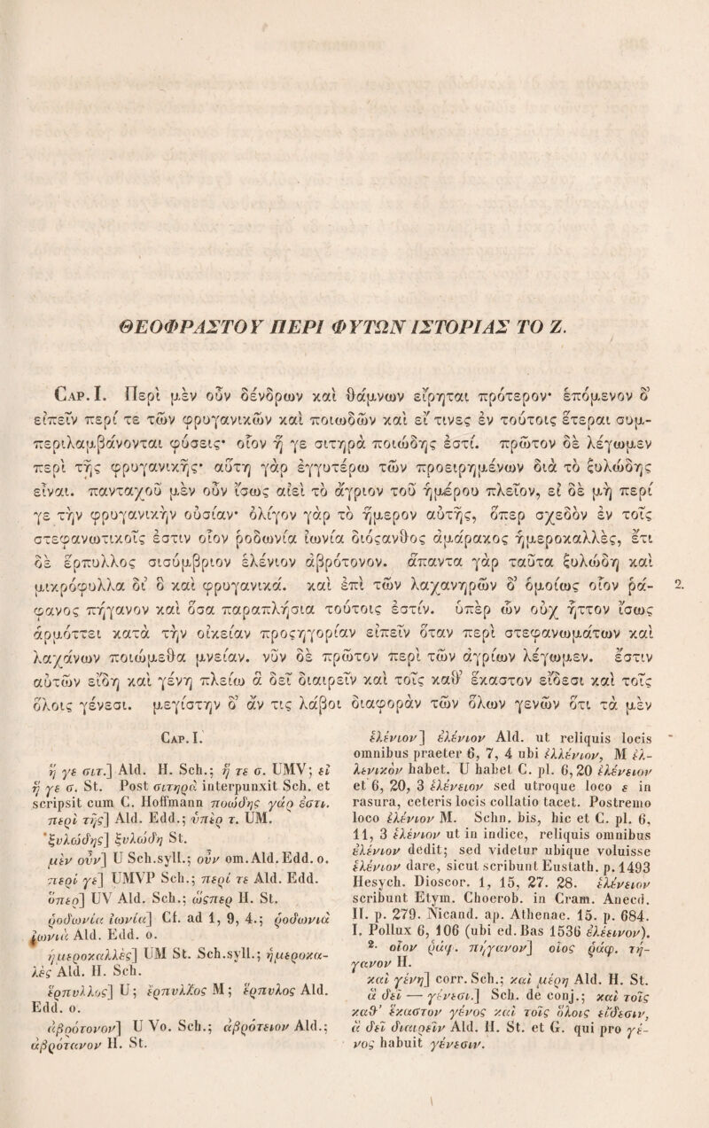 επαλλήλων κολοβοανθής δέ καί έλλοβόκαρπος άδιαφράκτως* φύεται δ’ έν 4. τη γλίσχρα και γανώδει και μάλιστα έν τη σποριμω και γεωργουμένη δί δ και πολέμιον τοις γεωργοΤς* και έστι δυςώλεθρος* δταν γάρ λάβη χώρας βάθος ωθείται κάτω εύθυς και καθ’ έκαστον έτος αποφύσεις άφεμένη εις τά πλάγια πάλιν εις τδ έτερον ωθείται κάτω* σπαστέα μέν ουν δλη* τούτο δε βραχεί- σης γίνεται της γης και άπύλλυται ραον εάν δε και μικρόν άπολειφθη άπδ τούτου πάλιν βλαστάνει* άρχεται δε της βλαστήσεως θέρους τελειούται δέ μετοπώρου. τά μέν ουν άγρια των φρυγανικών έκ τούτων θεωρείσθω. est Cap. VI. Τά δέ ήμερα βραχείάν τινα έχει θεωρίαν, άπερ έν τοΐς στεφανω- 6Η ματικοις έστι. τά δέ καθ’ δλου πειρατέον περ'ι στεφανωμάτων ειπειν δ'πως άπαν περιληφθη τδ γένος* ή γάρ στεφανωματική φύσις ίδιαν τινά έχει τάζιν, έπι- μιγνυμένη δέ τά μέν τοις φρυγανίκοίς τά δέ τοις ποιώδεσι* δί ο κακεινα συμπεριληπτέον έπιμιμνησκομένους ως αν η δ καιρδς, άρξαμένους πρώτον άπδ των φρυγανικών. διχη δέ ή τούτων διαίρεσις ή κατά την χρείαν, τών μέν 2. γάρ τδ άνθος μόνον χρήσιμον και τούτων τδ μέν εύοσμον ώςπερ Γον, τδ δ’ άνοσμον ώςπερ διόςανθος φλό£* τών δέ και οι κλώνες και τά φύλλα και ολως ή πάσα φύσις εύοσμος οίον έρπύλλου έλενίου σισυμβρίου τών άλλων, άμφω δέ φρυγανικά. κάκείνων τών άνθικών πολλών ή φύσις φρυγανώδης ή μέν έπέτειος ουσα μόνον ή δέ πολυχρονιωτέρα, πλήν ιωνίας τής μελαίνης* αυ'τη γάρ άκλων ό7λως αλλά προςριζόφυλλος καί αείφυλλος, ως δέ τινές φασι καί δυ- χολοβοάνϊλης] UM Sch.; χολλοβοάνίλης Aid. Edd. έλλοβόκαρπος] corr. Sebn.; έλλοβοάνάης Aid. Edd.; florem minutulum et in siliqua non undique septum edit G. 4. yavwdfi] pleno G. Est άπαξ λεγόμε¬ νον. Vide Hesychium s. v. eoTi (Ιίς.] U; ετι άυζ. Aid. Edd. 0. λάβρ] λάβοι Μ. ώάεϊται κάτω] corr. Sch.; ω&εΐ τά κάτω Aid, Edd. G.: protinus sua infima pellit, άφεμένη| Aid. H. Sch.; άφεμένοι M; άφιεμενη St. fiς το έτερον] Aid. Edd.; τφ ετέρω Sch, σπαστέα μεν ovv ολη] scripsi de conj.; σταΰεϊσα μεν όντως ολη Aid. H.; xai ante άπόλλνται seclusit Sch. St.: έξορνχΰεϊσα μεν ovv ολη (τούτο di βραχείσης της γης) άπόλλνται. — G.: Effodienda tota extu- pandaque penitus est. Quod solo made¬ facto agendum. Sic enim facilius interit. xal μικρόν] UMP Sch.; >crdom. Aid. Edd. — άπολειφά^ς M. ΰεωρείσ&ω] Aid. Edd.; τε&εωρήσ&ω Sch. Cap. VI. «πίρ] corr. Sch.; ειπερ UM Aid. G.; ή- ntq H. St. Cf. cap. 1, 1. στεφανωματικοϊς] UMP Sch.; στεφανω- τικοίς Aid. Edd. τά di καθ-όλον] Aid. H. St.; το dh x. cum Vo. Sch. στεφανωμάτων] στεφανωτίκων sic! et paulo post στεφανωτιχήν St. έπιμιγνυμένη di] Aid.Η.; επιμιγνυμένην di St.; έπιμιγνυμένη dq Sch., quorum neu¬ tro opus est. di’ 0] corr. Sch.; di u Aid. Edd. 2· μεν γάρ το] γάρ om. Η. St. μόνον χρήσιμον] U Sch.syil.; χρη. μόνον Aid. Edd. ο. ερπΰλλου] UM; εριτύλον Aid. Edd. ο.; serpilli G. ελενίου] Vide ad c. 1, 1; ελενίου Aid. Edd. 0. τών άλλων] Aid. H. St.; τών d’ άλλων M; καί τινων άλλων Sch.; et aliorum quorum¬ dam G. ^ πολλών] dedi e conj.; πολλά UM Aid.; τά πολλά H. St. Sch.; magna ex parte G. άχλων ολως] U Sch.syil.; ενχλόνοτος M; ευχλόνητος P; ακλόνητος Aid.; άχλώνητος H. St. Sch. ως di φέρειν] ti d’ ώς τινές φασι x. d. άιόλον έτους q. St.