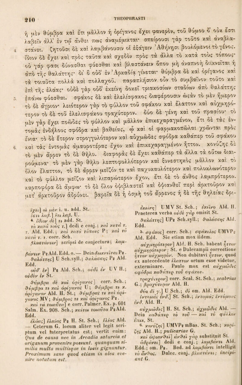 μίαν διαφέρειν ώςπερ ελέχθη καί δ ενιαυτός τοιος ή τοιος γενόμενος, ού μό¬ νον έπομβρίαις καί αύχμοΐς άλλα καί τω κατά καιρόν γίνεσθαι καί ΰδατα καί πνεύματα καί απλώς τάς του άέρος μεταβολάς. τά δε εν τοις δρεσιν ώς απλώς είπεΐν καί ρόδα καί ία καί τά άλλα άνθη τη όσμη πολλά) χείρω γίνεσθαι. καί περί μεν τών στεφανωματικών καί απλώς τών φρυγανικών σχεδόν έν τούτοις καί τοις όμοίοις έστίν ή ιστορία. κατά καιρόν] Sch.; καιρόν τ«>«ΑΜ.; κα¬ τά καιρόν τινα cum Seal. St. Tjj (vrinj πολλφ] sic Aid. Edd. Sed rfj de ooujj 77o'λλ UM , unde conjicias proxima sic scripta fuisse και ία και τά άλλα καλώς μλν a.vOii vel άνΰίϊν. γίνίσ!λαι\ UM Aid. Edd.; γίνεται Schn. e vers. Gazae. Milii a do**i aptus esse in¬ finitivus videtur. — In ipso fine ή om. U. «