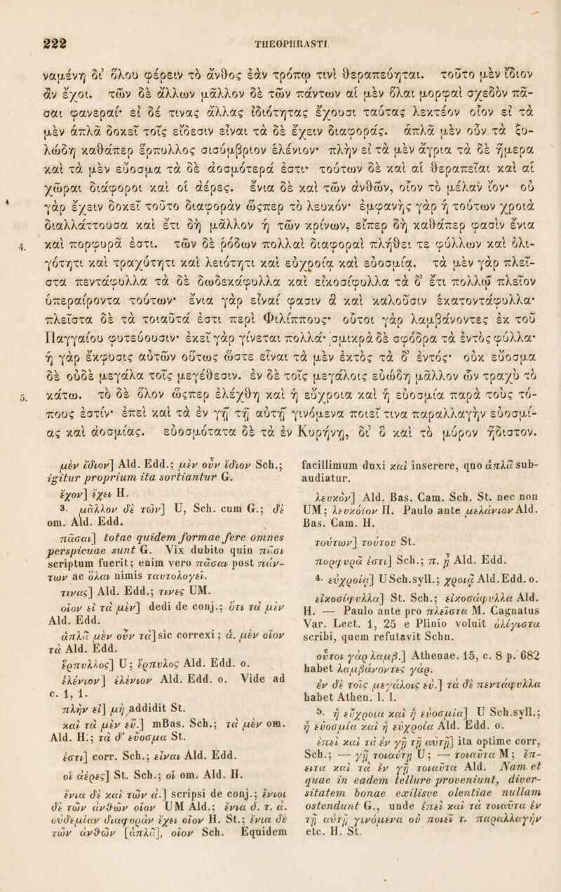 fein Aldinae adscripsit: critica ejus opera vel exigua est vel nulla. Cuique contextus capiti subjecit Scaligeri Robertique adnotationes suosque vastos atque undecunque collectae doctri¬ nae copiis refertos commentarios, quibus eum lectorem magis obruisse quam erudivisse Schneiderus censet. St. Th. Er. de Historia plantarum libri 10 graece cum syl¬ labo generum et specierum, glossario et notis curante Joh. Stack- house. Oxonii 1813. 2 Tomi in 8. Primus conatus est $tack- housius, qui haud mediocri rei herbariae instructus erat scien¬ tia, Graecorum corruptelis ac naevis perspectis, suo Marte et ex ingenio corrigere, ita ut hujus editionis verba graeca ab Heinsiana magnopere discrepent. Primus is Aldinam princi¬ pem adhibuit, sed praeter hoc unum omni critico subsidio fuit destitutus. Itaque paucorum quidem veram emendationem in¬ venit, plurima vero ex arbitrii licentia ac de conjecturis satis fortuitis, multa temere ac inconsulte mutavit, saepe etiam graeci sermonis ac criticae artis haud satis gnarus, soloece ac bar¬ bare scripsit. Contextum verborum innumeris interpositioni¬ bus, quas uncis inclusas vel supplementi causa ubi defectum animadvertisset vel sententiae obscurioris illustrandae causa adjiciendas censuit, intercepit, quam pessimam rationem ut imi¬ taretur ipsum Schneiderum exemplo suo induxit. Antea idem ediderat: Illustrationes Theophrasti in usum Botanicorum praecipue peregrinantium auctore J. St. Oxonii 1811. Scn. Th. Er. Quae Supersunt Opera Et Excerpta Libro¬ rum Quatuor Tomis Comprehensa. Ad fidem librorum editorum et scriptorum emendavit, Historiam et libros VI de Causis Plan¬ tarum conjuncta opera D. H. F. Linkii, Excerpta solus expli¬ care cojiatus est. J. G. Sclmeider, Saxo. Lips.Vogel. T.I—IV. ISIS. T. V. 1821. 8. Tomus primus continet contextum grae- cum omnium quae Heinsiana continentur, additis pauculis qui¬ busdam et libello de Coloribus, vulgo Aristoteli adscripto, alter versionem latinam Gazae emendatam cum Curis secundis, tertius et quartus Commentarios, quintus Supplementa (i. e. Syllabum Emendandorum et Addendorum in jprimo volumine,