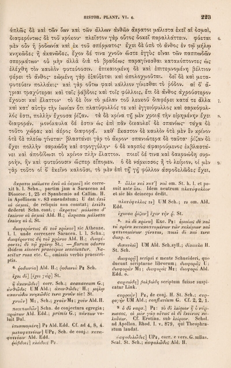 nemine posteriorum superatus sit. Ut vero praesertim senten¬ tiarum nexum declarare rerumque continuitatem investigare studebat, ita plurima etiam recondita menda detexit atque ape¬ ruit, multa felicissime correxit. Librorum tituli bi sunt: J. C. Scaligeri Commentarii et Animadversiones in sex libros de Causis Plantarum Theophrasti. Genevae ap. Jo. Crispinum 1566. foL, cujus in altera pagina haec scripta sunt: Sylvius Scaliger, hoc patris monimentum, authore 11. Constantino, de¬ dicavit generosissimo viro D. Jacobo de Louxembourg etc. Editor igitur fuit 11. Constantinus, ut et praefatio Crispini osten¬ dit. J. C. Scaligeri Animadversiones in Historias Theophrasti apud Jo. Jac. Juntae F. Lugd. 1584. 8. Robertus Constantinus suas adnotationes subjecit, cum Scaligeri notis in editione Bodaei repetitas, quibus haud pauca, quae Scaligeri aciem effugerant, cum acumine haud vulgari fe¬ liciter correxit, quanquam etiam prae nimio emendandi studio nonnunquam longius a vero declinavit. Vide autem C. Hof- mannum apud Schn. Praef. p. XIV. Cl. Salmasius, cujus eruditio fere in proverbium abierat, in Exercitationibus Plinianis permultos Theophrasti locos in examen vocavit, magis rebus ac nominibus explicandis quam sententiis ac theoriae illustrandis intentus. Ouibus is locis medelam suam adhibuit, eos tantum non omnes optime emenda¬ vit: pauca codices postea confirmaverunt, nonnulla nos ut feli¬ citer inventa asciscere non dubitavimus. Usus sum editione, quae Trajecti ad Rhenum apud Joh. v. de Water 1689 duobus tomis fol. adjunctis Exercitationibus de Homonymis Hyles Ja- tricae prodiit. Jac. Palmerius in „Exercitationibus in optimos auctores graecos. Lugd. Bat 1668. 4 p. 582 — 603 locos aliquot Theo- phrasteos recte, alios minus feliciter redintegrare conatus est, qua in re et sermonis graeci scientiam et Theophrastei stili consuetudinem laudabilem ostendit. Jo. Meursius „Theophrastus s. Lectionum Theophraste- arum Libellus Lugd. Bat. Elsevir. 1640, 12,“ plures Theo-