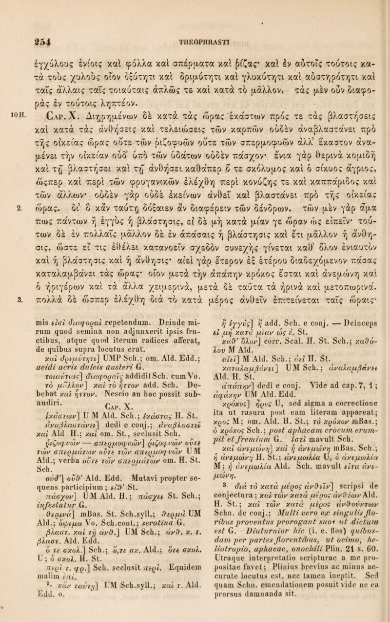 64 THEOPHRASTI είναι καί καταναλίσκεσθαι ουτω. φιλεί δέ και ύδρείαν σφοδρά το δένδρον περί δέ κόπρου διαμφισβητουσιν* οι μέν γάρ ου φασι χαιρειν άλλ έναντιώτατον είναι, οί δέ και χρήσθαι και επίδοσιν πολλήν ποιειν. δει δ^ ύδρεύειν ευ μάλα κατά της κόπρου καθάπερ οι έν'Ρόδω. τούτο «χέν ουν έπισκεπτέον ίσως γάρ οί μέν ούτως οί δ’ έκείνως θεραπευουσιν, καί μετά μέν του ΰδατος ωφέλιμον ή κόπρος άνευ δέ τούτου βλαβερά, όταν δέ ενιαύσιος γένηται μεταφυτεύουσι καί των αλών συμπαραβάλλουσι, καί πάλιν όταν διετής* χαίρει γάρ σφοδρά τ~ή μεταφυτεία. μεταφυτεύουσι δέ οί μέν άλλοι του ήρος* οί δέ έν Βαβυλώνι περί τδ άστρον, δτε καί δλως οί γε πολλοί φυτεύουσιν, ώς καί παραγινομένου καί αύςανομένου θάττον. νέου μέν ό'ντος ούχ άπτονται* πλήν άναδουσι την κόμην δπως όρθοφυή τ η καί αί ράβδοι μη άπαρτώνται. μετά δέ ταυτα περιτέμνου- σιν όπόταν αδρός ήδη γένηται καί πάχος εχη. άπολείπουσι δέ οσον σπιθαμήν των ράβδων, φέρει δέ εως μέν άν ή νέος άπύρηνον τον καρπόν, μετά δέ τούτο πυρηνώδη. άλλοι δέ τινες λέγουσιν ώς οι γε κατά Συρίαν ούδεμίαν προςάγου- σιν έργασίαν άλλ ή διακαθαίρουσι καί έπιβρέχουσιν, έπιζητειν δέ μάλλον τό ναματιαιον ύδωρ ή το έκ του Διός* είναι δέ πολύ τοιουτον έν τω αύλώνι έν ω καί τά φοινικόφυτα τυγχάνει, τόν αυλώνα δέ τούτον λέγειν τους Σύρους δτι είναι καί κατ.] καί add. U Sch. cod.Cas. Vo.; om. Aid. H.; είναι καί αναλ. St. καταναλίσκεσθαι] dedi de corr.; cf. § 8. καταναλίσκειν Aid. Edd. o. 3· ύάρείαν] H. St. Sch.; vdjjiay Aid. σφόάρα] τούτο adjec. St. καί χρησθαι] corr. Sch.; κεχρησθαι Aid. Edd.; alii usum fimi concedunt G. κατά τ. κ.] UMV Aid. Sch.syll.; μετά τ. κ. H. St. Sch.cont. cum RConst. θεραπεύουσιν] U ; sine v cett. μετά. μέν του] UM Sch.; τα μία τον V; μετά του Aid. Edd. Epit. Par.: μετά γουν την ύάρείαν ωφέλιμος ή κόπροσις παρε'ξ νάρείας βλαβερά. ενιαύσιος] corr. St. Sch. ; ένιαύσια Aid.Η. αλών] Aid. Edd.; 1άλλων, prius λ in ra¬ sura U. σνμηαραβαλλονσι] corr. Sch. cum G.: adjiciunt; συμπαραλαμβανουσι UAld. Edd. άιετής] άιέτης dedit e conjectura Sch.; άιςης U; άίςης M2; di cum lacuna Mi ; dig τις P; άιέτη Aid. Edd.; bimas G. De accentu vide ad § 7. χαίρει] UMV Sch.; χαίρονσι Aid. Edd. 4· oVi] U; om. MV Aid. Edd. H. post πολλοί inseruerat τότε. — Ceterum aut Th. non satis concinne scripsitaut lectio laborat; structura enim particulis ότε καί όλως suf¬ fulta e*t debilis, neque ipsae sententiae bene cohaerent. ok] corr. Sch.; ώςτε Aid. Edd. όρθοφυη τ' rf\ sic restitui scripturam ; όρ- θοφ υητ : superscripto in fine ai; όρθοφνη- ται Ps Aid. H. St.; dp#df φύηται Sch.; oo- ΰοφυη τε idem in Syll., probavit etiam Co- raes. Sed neque όρθοφυέω reque ορθοφυ- έομαι Graecis in usu fuisse probari potest: analogia potius docet sermonem graecum verba in hunc modum derivata repudiasse. Adjectivi frequens usus. άπαρτώνται] corr. RConst. H. St. Sch.; άπορθώνταιΡϊΜ Aid. idemque U sed puncto sub Θ posito. έχη] P Pi, corr. H. St. Sch.; έχει Aid. Plinius ώς πάχος έχρ legisse videtur mo¬ nente Bo. άπύρηνον] άπύρρηνον Aid. Cam. 5· Συρίαν] Φοίνικες i. u. add. St. αλλ* η &ιακαθαίρά] H. St. Sch.; άλλ’ idia καθαίρ. UM Aid. sed idia M. G.: sed pur¬ gare tantum. έπιζητείν] U, sed extrema litera dubia in rasura et ει puncto sub ε posito ita scriptum, ut η efficiatur; επιζητεί Aid. Edd. rd ναματιαιον] Cam. H. St. Sch.; τόνα- ματιαίον Aid.; τόν άματιαίον Bas. η τό Aid. Edd.; d έκ sed o in rasura scriptum U; 6 τό έκ Μ; ό έκ V.—Exc. Par. haec alio loco posuit atque cum verbis init. §3 sic conjunxit: εστι ό'ε καί φίλυάρος, καί εϊπερ έκ άιόσ η ro ύdωρ κρείττον' μετά γουν την ύάρείαν etc. αύλώνι] Bas. Η. St. Sch.; αύλώνι Aid., άλλώνι UMV; αλώνι Ρ.