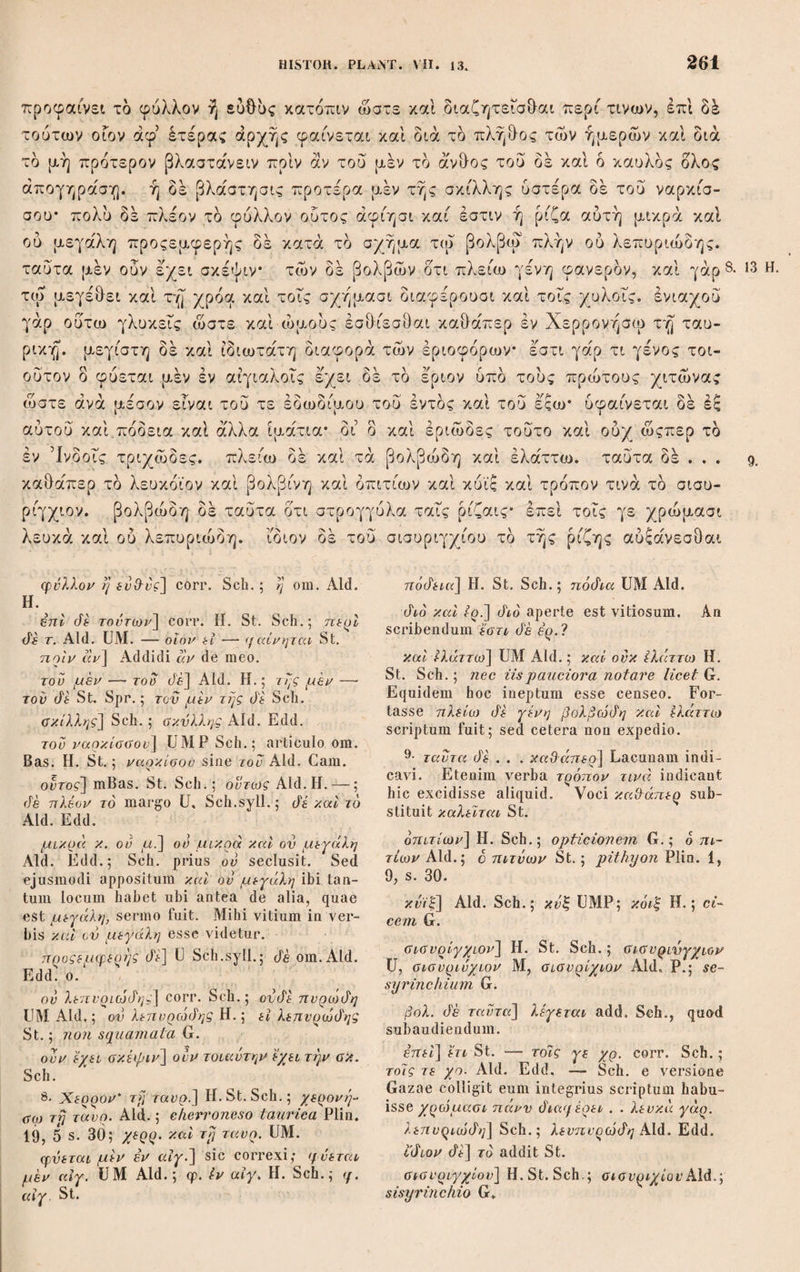 μέν γίνεται κοτινου* χρώνται δέ και πυξίνοις καί πτελεΐνοις καί μελεΐνοις* τάς δέ μεγάλας σφυράς πιτυΐνας ποιουσιν. ομοίως δέ καί τών άλλων έκαστον εχει τινά τάςίν. καί ταυτα μέν αί χρεΐαι διαιροΰσιν. Cap. VIII. * Εκαστη δε τής ύλης ώςπερ καί πρότερον έλέχθη διαφέρει κατά τους τόπους* έ'νθα μέν γάρ λωτός ένθα δέ κέδρος γίνεται θαυμαστή καθάπερ καί περί Συρίαν* έν Συρία γάρ εν τε τοις δρεσι διαφέροντα γίνεται τά δένδρα τής κέδρου καί τω υψει καί τφ πάχει* τηλικαυτα γάρ έστιν ώστ’ ενια μέν μή δυνασθαι τρεις άνδρας περιλαμβάνει* εν τε τοις παραδείσοις ετι μείζω καί καλλίω. φαίνεται δέ καί εάν τις έφ καί μή τέμνη τόπον οίκείον έκαστον εχον γίνεσθαι θαυμαστόν τω μήκει καί πάχει. εν Κύπριο γοΰν ουκ ετεμνον οι βα¬ σιλείς άμα μέν τηρουντες καί ταμιευόμενοι άμα δέ καί διά τό δυςκόμιστον είναι, μήκος μέν ήν τών εις την ένδεκήρη τήν Δημητρίου τμηθέντων τρις- καιδεκαόργυιον, αυτά δέ τά ξυλά τω μήκει θαυμαστά καί άοζα καί λεία, μέ¬ γιστα δέ καί παρά πολύ τά έν τη Κύρνφ φασίν είναι* τών γάρ έν τη Λατίνη καλών γινομένων υπερβολή καί τών έλατίνων καί τών πεύκινων — μείζω γάρ ταυτα καί καλλίω τών ιταλικών — ουδέν είναι προς τά έν τη Κυρνω. πλευ- σαι γάρ ποτέ τους Ρωμαίους βουλομένους κατασκευάσασθαι πόλιν έν τη νήσφ πέντε καί είκοσι ναυσί καί τηλικουτον είναι τό μέγεθος τών δένδρων ώστε είς- πλέοντας εις κόλπους τινάς καί λιμένας διασχισθείσι τοίς ίστοίς έπικινδυνεΰ- σαι. καί ολως δέ πάσαν τήν νήσον δασείαν καί ώςπερ ήγριωμένην τη ΰλη* 8· 7ττελ. καί μέλ.] UMs; καί μελ. om. Μι. — Paulo ante di om. U. Verba τάς dt — ποιουσιν in editione Sch. casu exciderunt. Cap. VIII. τόπους] corr. Seal. H. St. Sch.; nodag Aid.; pro loci natura G. εν εν om. H. εν τε τοϊς όζ>.] Aid. H. St.; τε om. Sch. περιλαμβάνειν] Aid. Edd.; παραλ. UMV. εν τε τοϊς π.] U, lu a s. m. superscri¬ ptum ; τε τοϊς π. MV; τοϊς dt π. Aid. H.; έν τοϊς de n. St.; tu de τοϊς π. Sch. ετι μείζω] U Sch.; ετι και μ. Aid. Edd. ε'χον] om. Μ. άμα μει' — ταμιευόμενοι] U Sch.syll.; om. Aid. Edd.; post βασιλείς i. u. την ύλην di άγνοιαν add. Sch.cont. cum G.: qui cum, cx imperitia de suo addidisse videtur. ivdtXT/ρη] Bas. H. etc.; eud. Aid. Cam.; Ivdiy.qqa P. Αημητρίον] Poliorcetis. Cf. Plut. Vit. Demetr. c* 43. τριςκα^εκαόργυιον] corr. Schn.; τρεις- καιό'εκαόργυιον Aid.; τριςκαώ'εκώρυτον U; τριςκα^εκωρττον MV; τρεις κα^εκόργνιον P; τρεϊς και άέκα όργυιών H. St. κ όρνιο] xoqCixjj mBas. μείζω — είναι] UMV. Quamvis enim in latino agro pini et abietes tum magnitu¬ dine tum pulchritudine inter omnes itali- cas praestant: tamen ad earum rationem, quas corsica gignit, pro nullo certe ha¬ bentur G.; μείζω τ. κ. κ. τ. i: ovdtu γάρ tluai Aid. H. St.; μείζω τ. κ. κ.’ τά d’ ιτα¬ λικά ovdeu είναι de conj. Sch. 2· πόλιν] mBas. St. Sch.; condendi causa oppidi G.; πλοϊον UMV Aid. H. είςπλέοντας] U Sch.syll.; τους πλέοντας Aid. H. Sch. diacyicdtloi τοϊς ιστοϊς] U; diaayioioi τ. ί. V; όιασχίασι τ. ι. Μ; dιaσχίζειv τους ιστούς Viuar. Vo. cod.Casaub. Sch.; dia- σχίεισι τοϊς Ιστοϊς επί τον πυκνόν Aid.; dia- σχίζεσ&αι τους ιστούς επί τό πυκνόν conj. Seal.; όίιασχίσαι τους Ιστούς επί τω πνκνω conj. Dalecamp.; diaoyitlai τοϊς ιστοϊς επί τον πυκνόν Η.; ΰιαϋχίζεά&αι τους ιστούς επί τον πυκνόν St. Inwivdvvtυΰαι] dedi de conj.; έπί τον πυκνόν Aid.; πυκνόν sine accentu dat U. Editorum mutationes vide in lemmate pro¬ ximo. Versio Gazae: ut navigantes per sinus quosdam et portus nexus densaque malis perscinderent nec aliis nec nobis in- telligitur. ολως de] U Sch.syll.; όλωςκαίΜπ, όλας καί V; dt om. Aid. Edd.